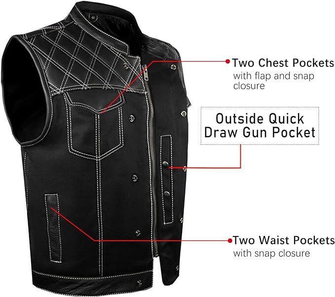 SOA Men’s Motorcycle Club Denim & Leather Vest Concealed Carry Pocket Multicolor