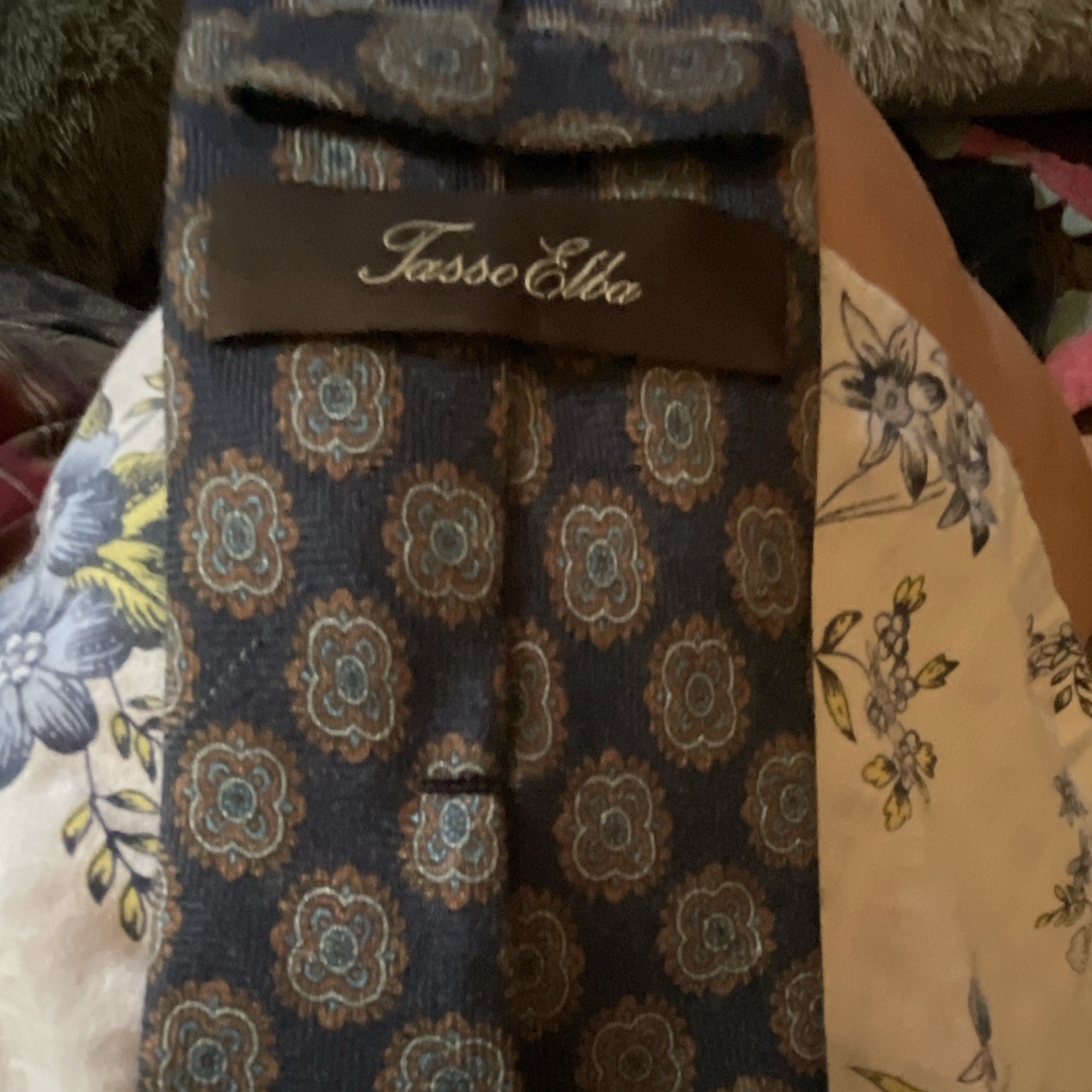 Tasso Elba Silk Wool Woven Men’s Pointed Tie Blue Brown Geometric Pattern