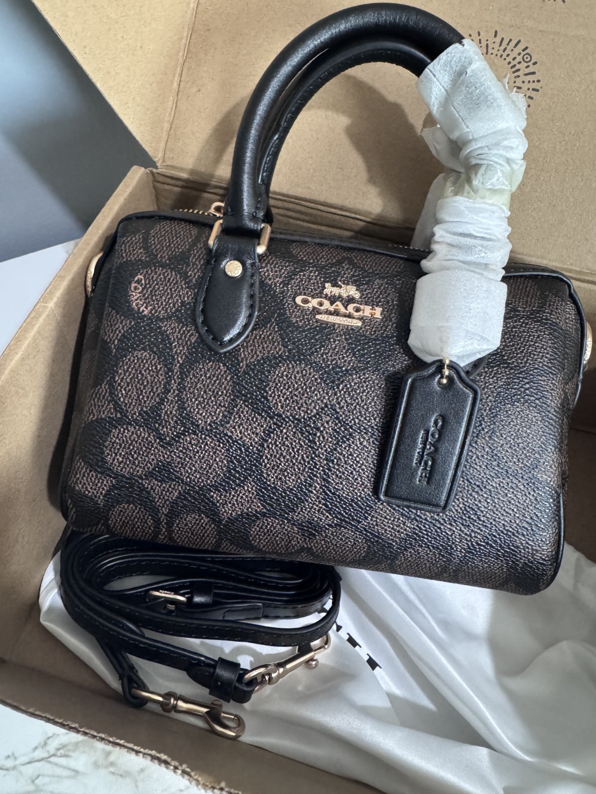 NEW Coach Mini Rowan Crossbody Bag In Signature Canvas CW329 Gold/Walnut/Black