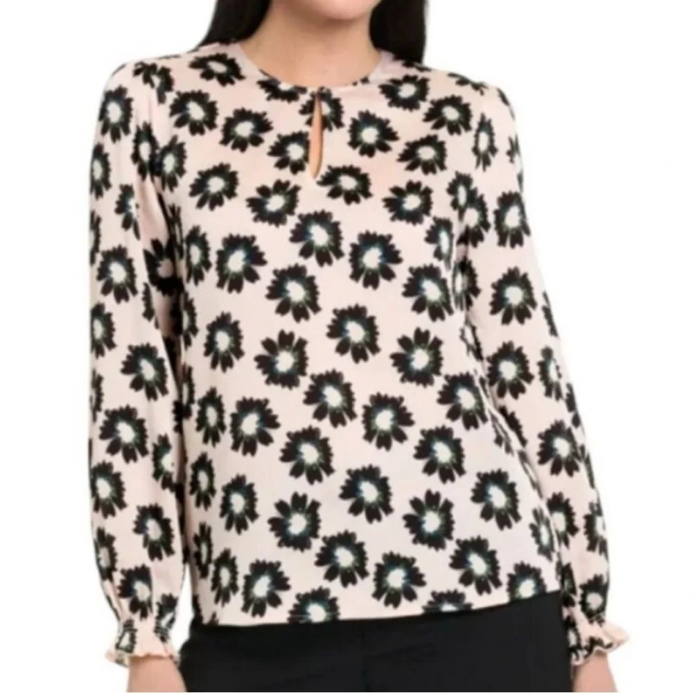 NWOT TED BAKER Floral Long Sleeve Blouse Top – L – Cream Beige Black Flowers