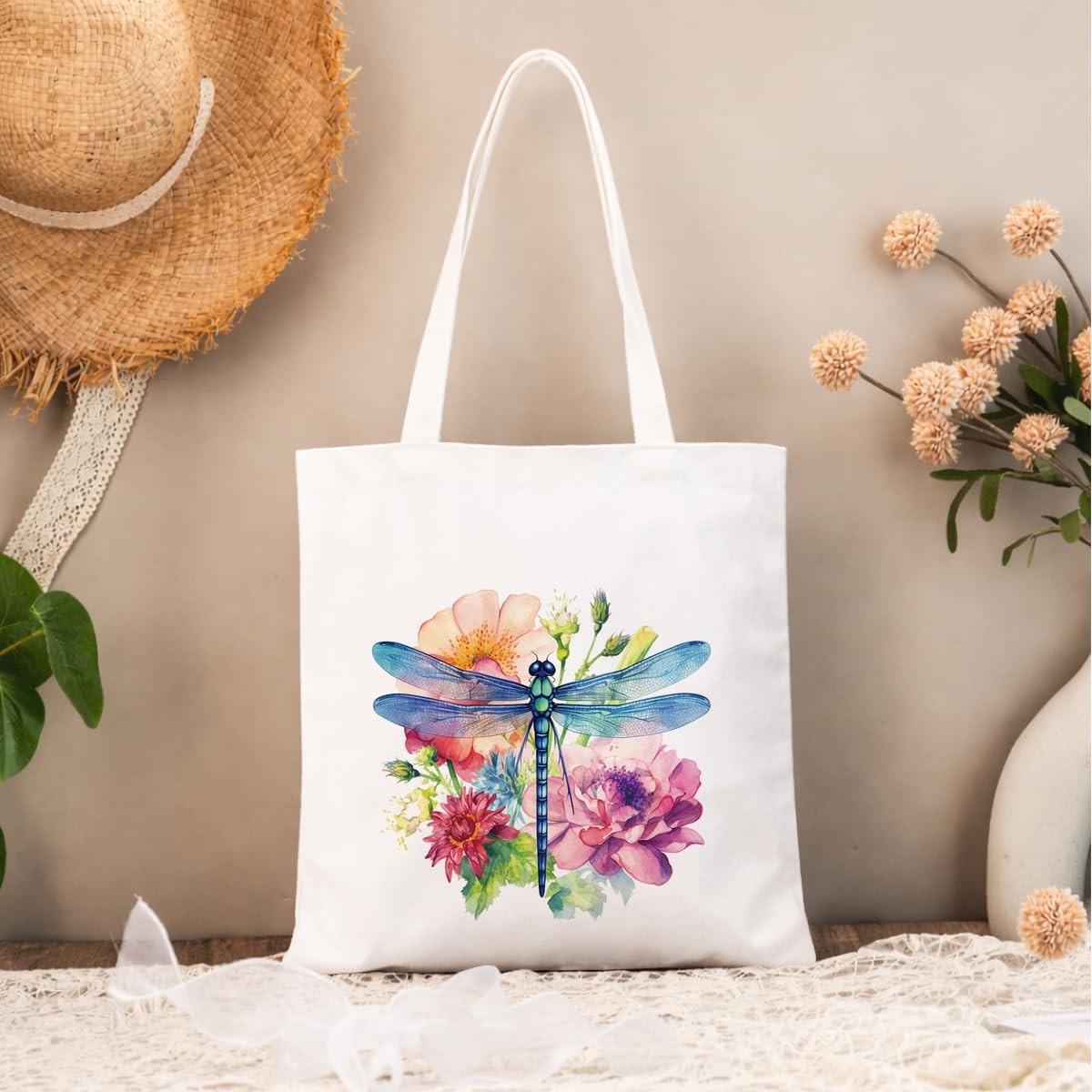 LMMHIOPI Dragonfly Tote Bag for Women, Reusable Canvas Medium,