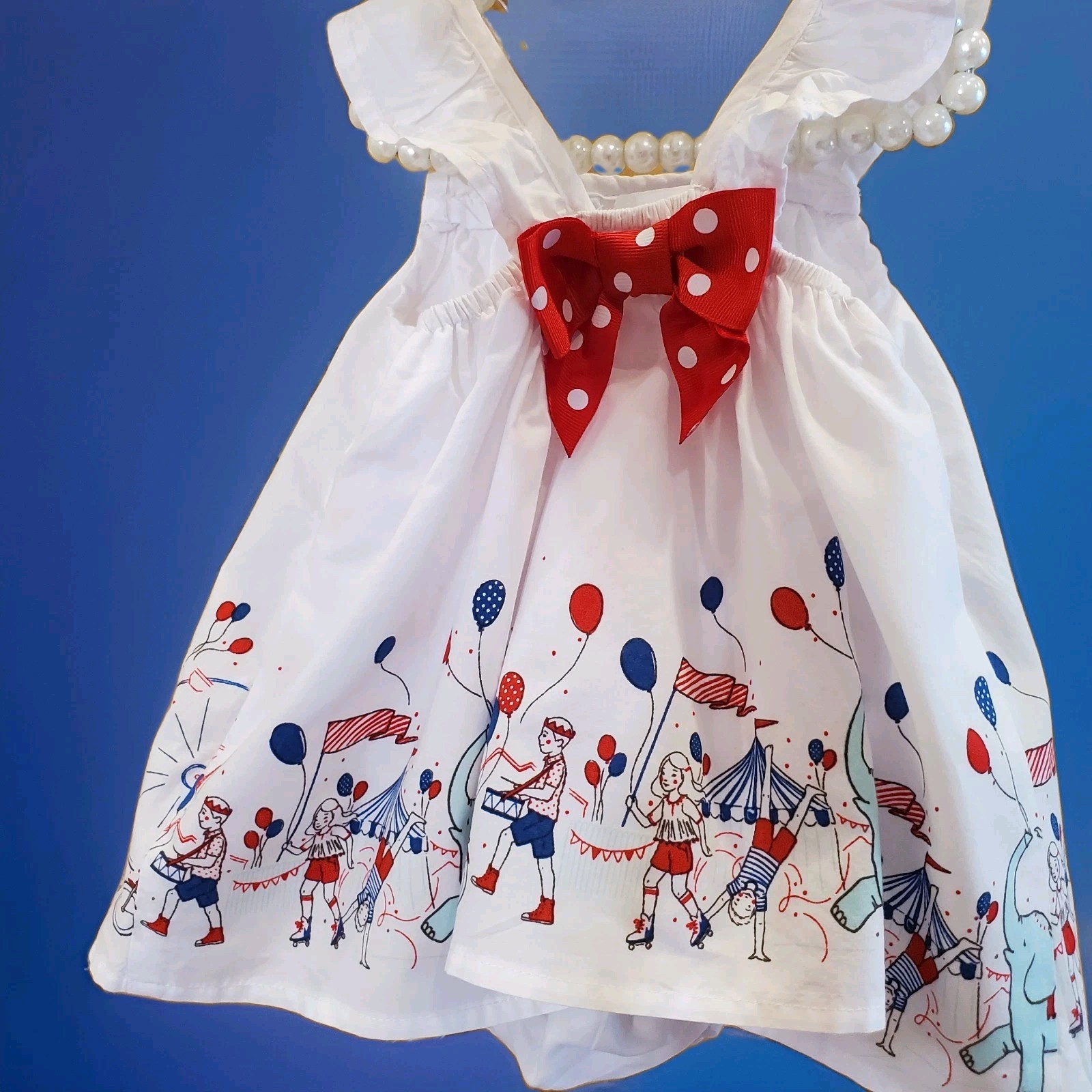PolkaTots Baby Girl Dress 0-3M Circus Carnival Red White Blue Bow Ruffle Whimsy