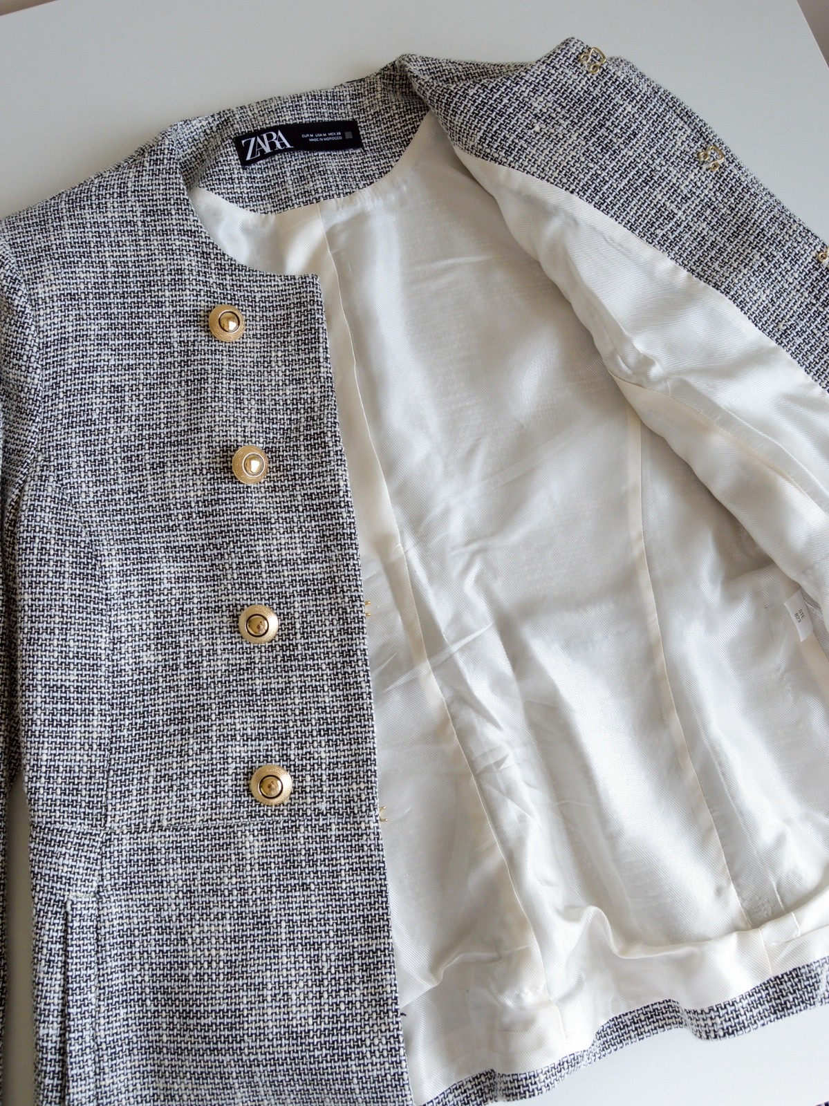 Zara Tweed Collarless Jacket Black White Double Breasted Gold Buttons Size M
