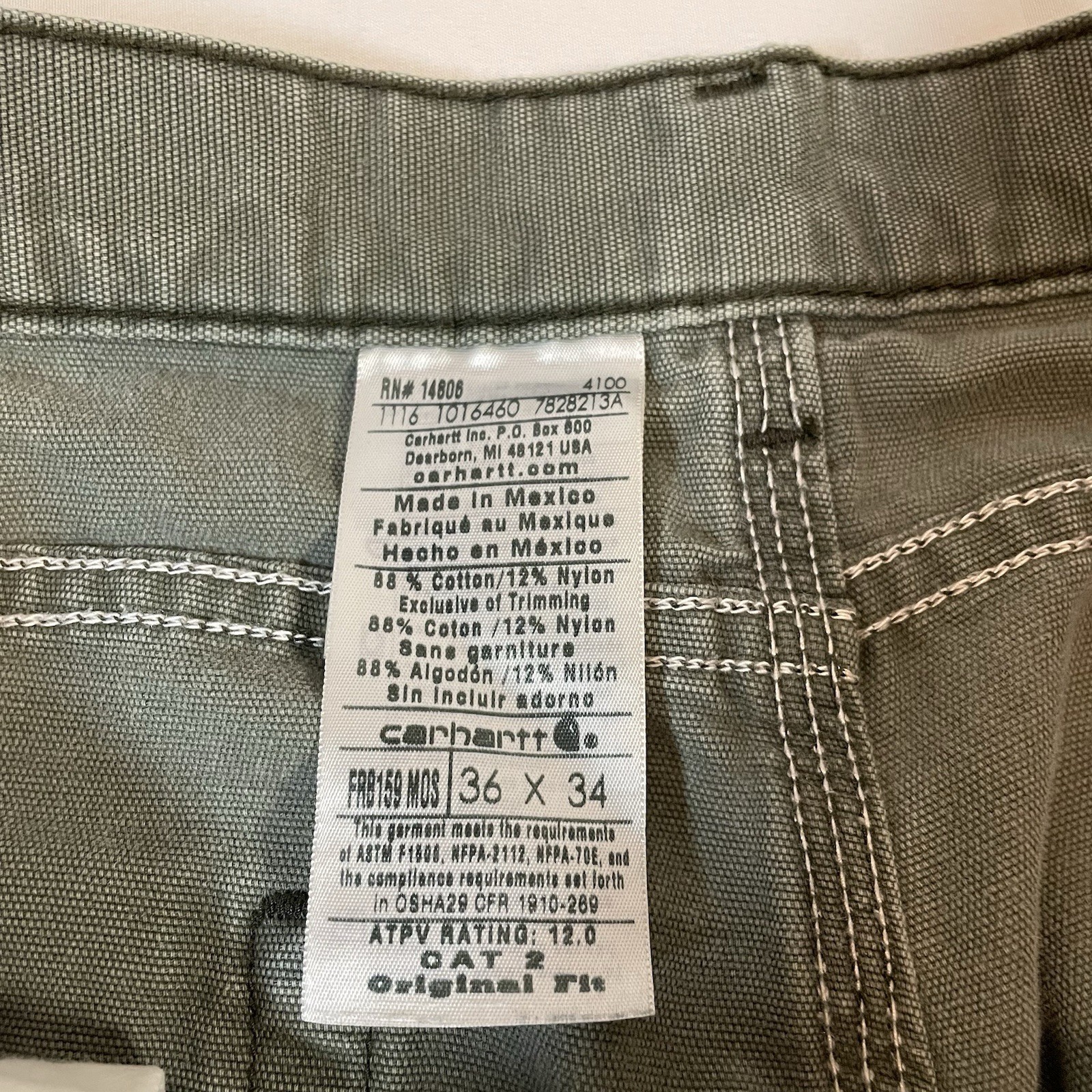 Carhartt FRB159 MOS FR Flame Resistant Pants Mens 36×34 Moss Green Canvas CAT 2