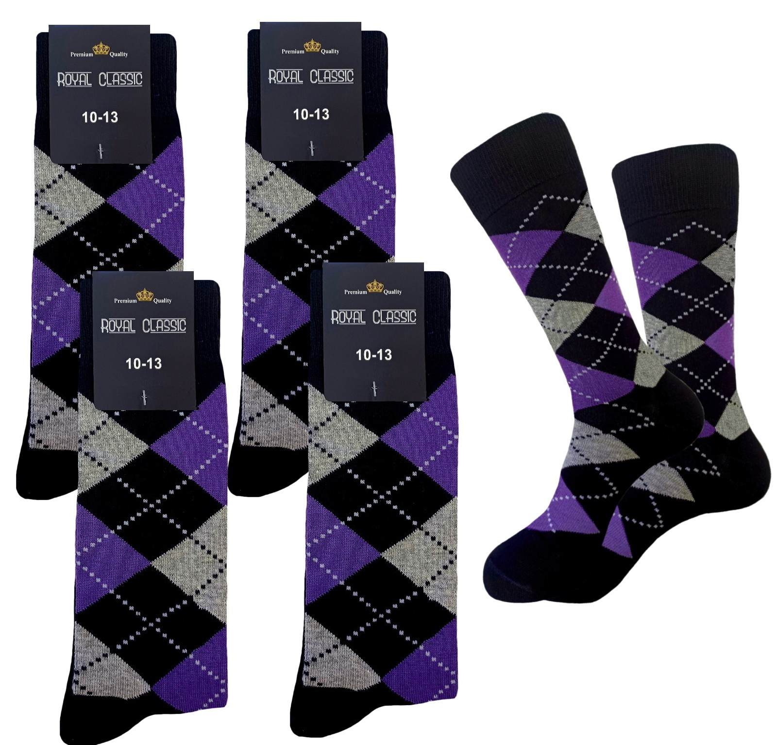 1-3-6-12 PAIR DRESS SOCKS BLACK PURPLE BLACK DIAMOND ARGYLE COTTON SOCKS 10-13