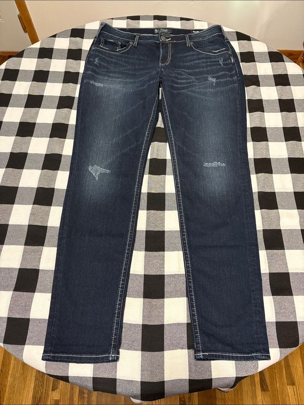 Silver Jeans Boyfriend Fluid Denim Jeans Distressed Stretch Dark 32 x 29/31.5