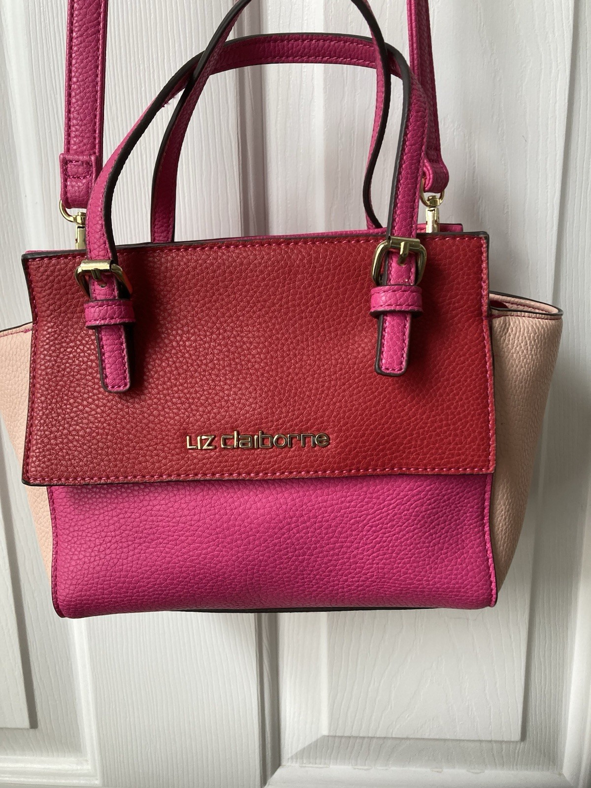Liz Claiborne Pink Red Beige Colorblock Small Crossbody Satchel Zip Pockets