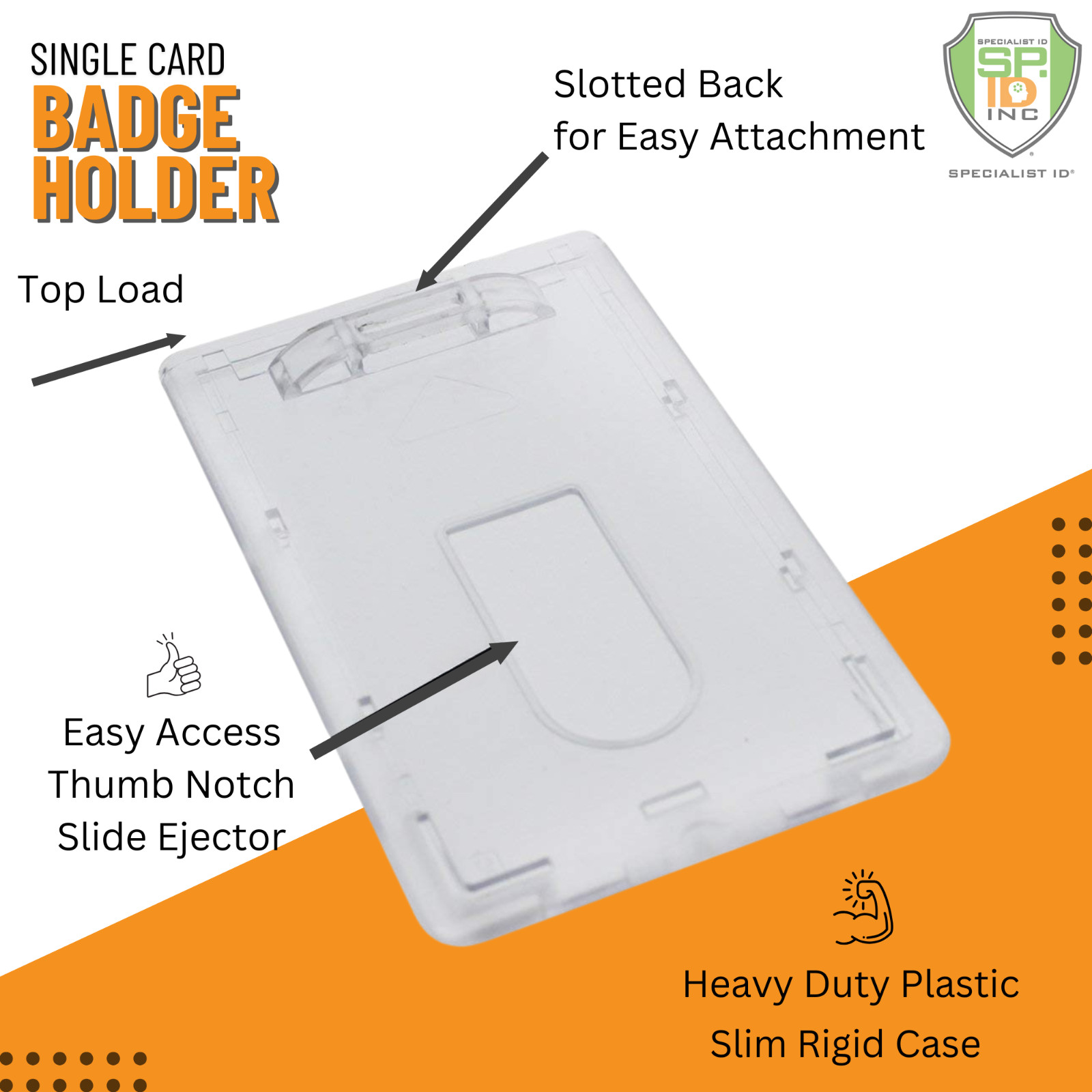 10 Heavy Duty Vertical ID Badge Holders -Rigid Hard Clear Plastic- HOLDS 1 CARD