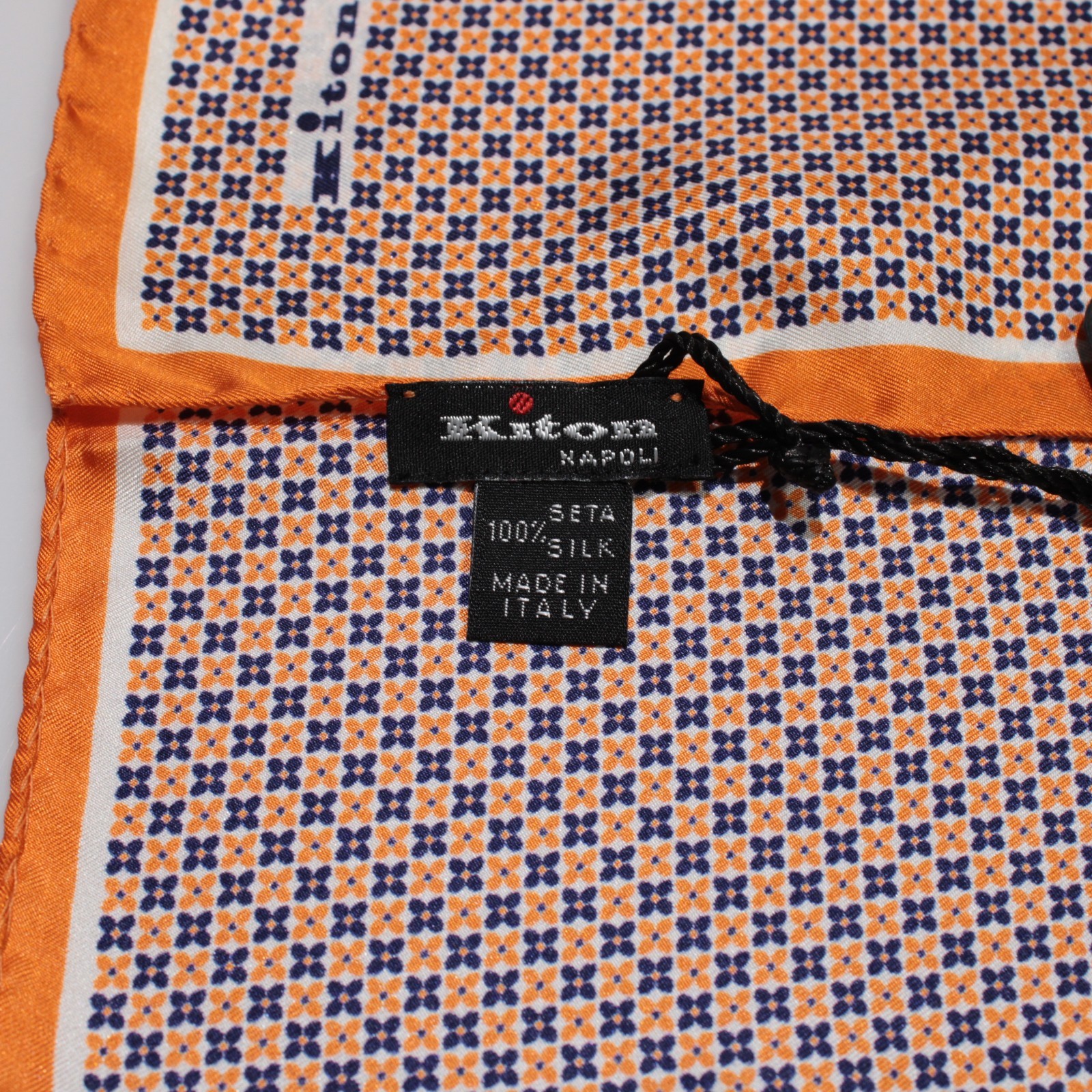 Kiton NWT 100% Silk Pocket Square In Orange & Blue Geometric Print Made in Italy