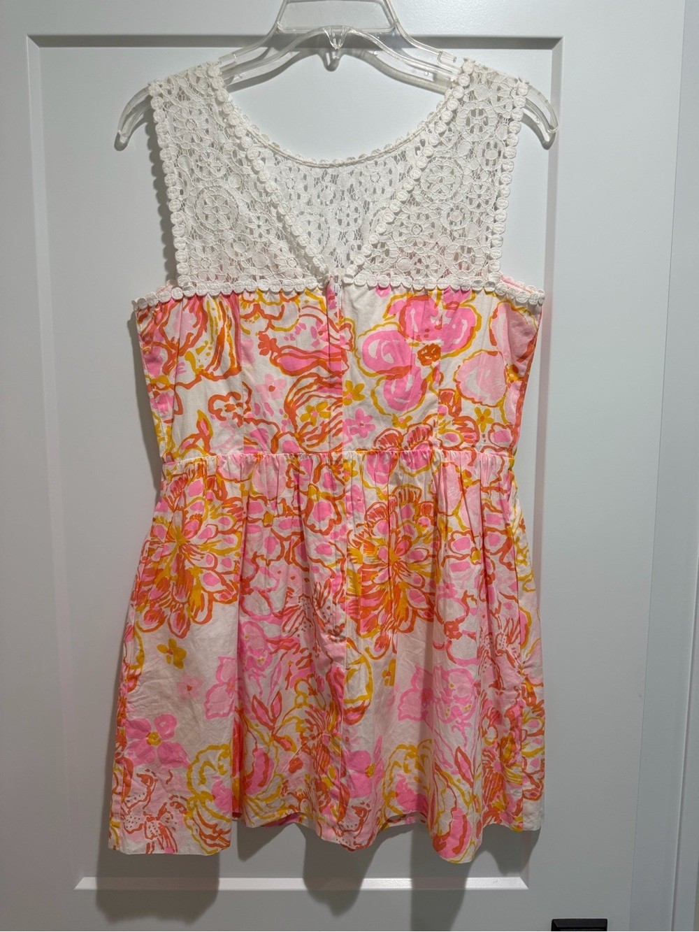 Lilly Pulitzer White Crochet Yoke Pink & Yellow Floral Mini Dress size 8