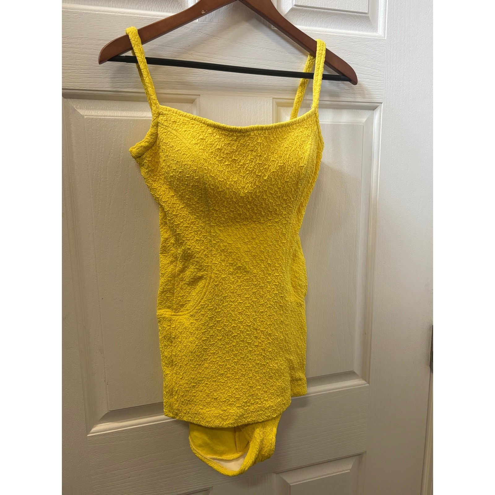 Vintage Jantzen Yellow Swimdress One Piece Swimsuit Crinkle USA Size 12