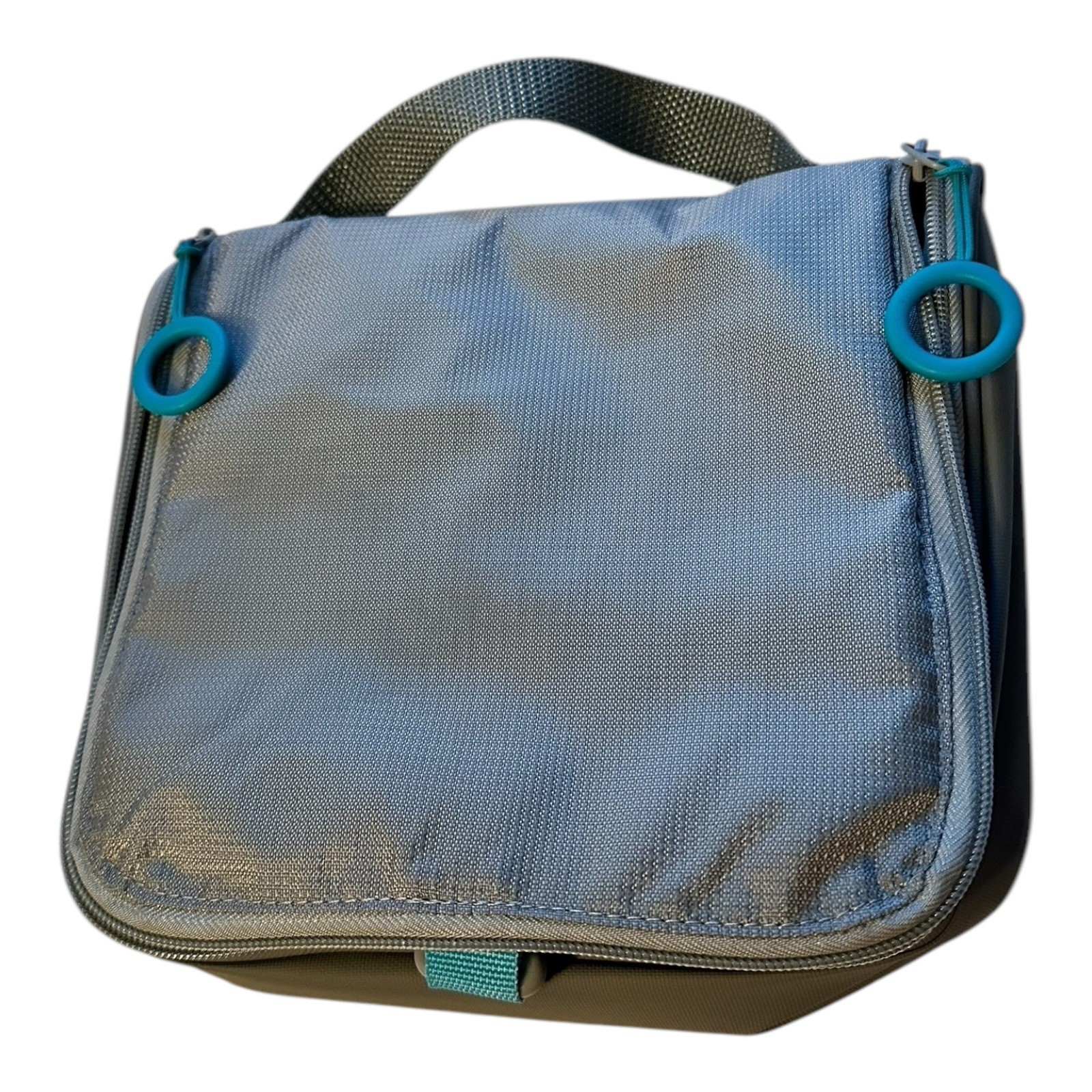Hangable Hygiene Overnighter Bag w/ Easy Zipper Pulls – Gray & Turquoise