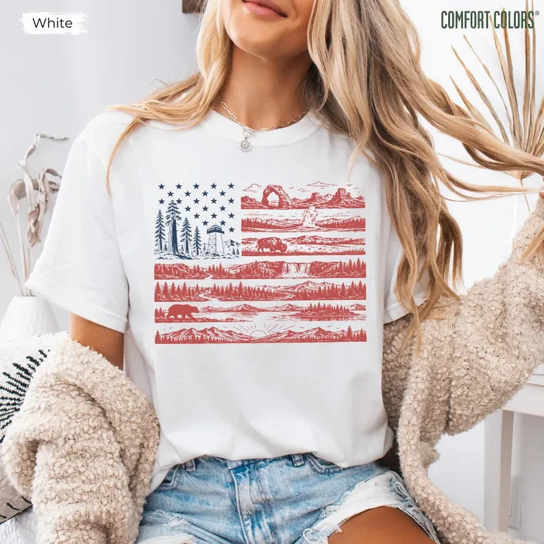 Vintage National Parks US Flag T-Shirt Retro American Flag Nature Graphic Tee