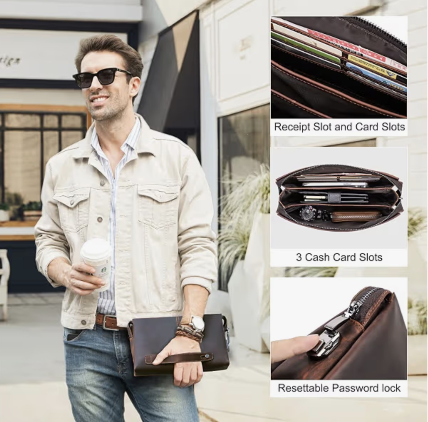 Masculine Nubuck Leather Clutch for Men Dark Brown Travel Bag Handbag Lock 🔒 👜