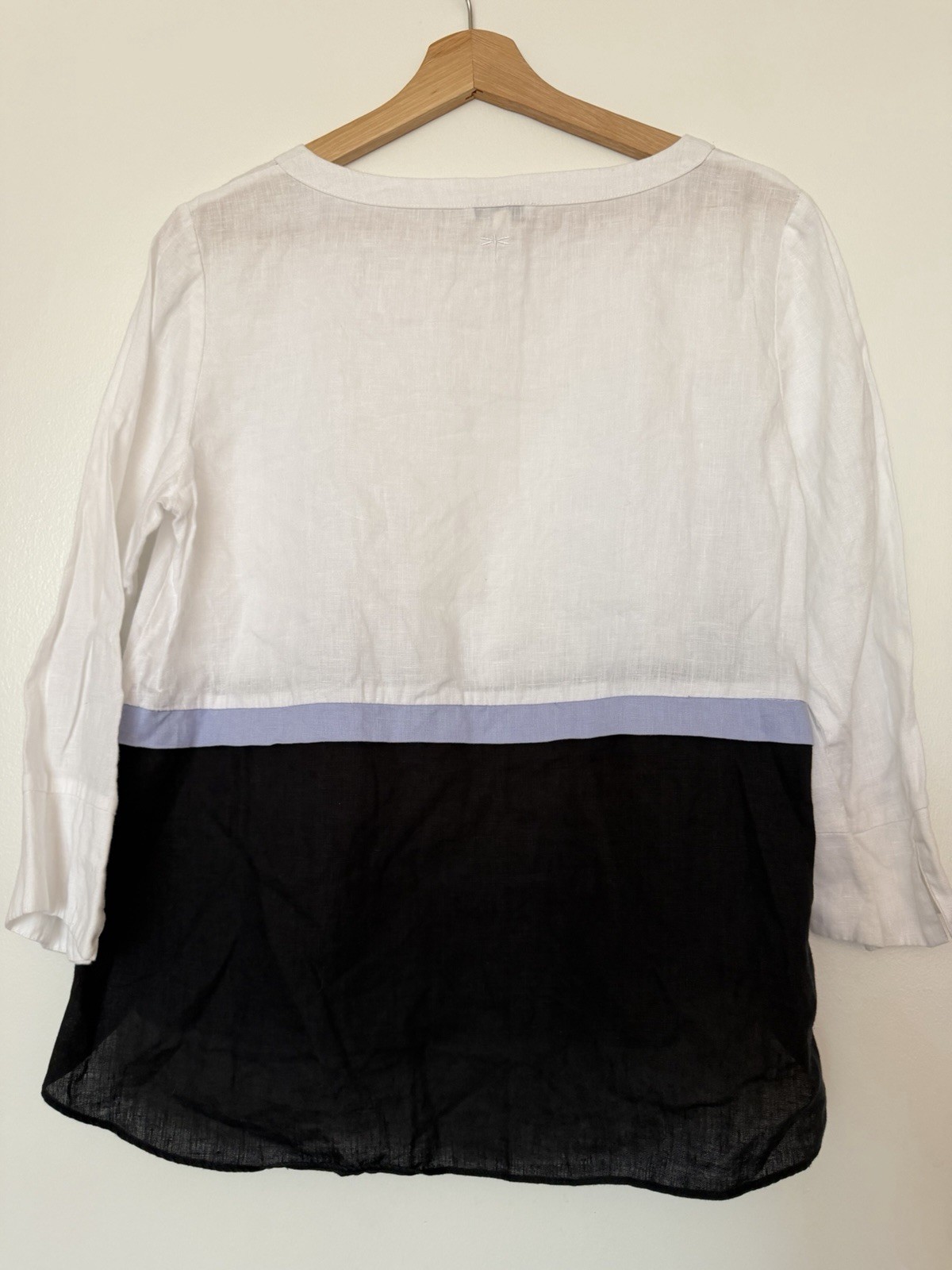 Tyler Böe XS Colorblock Linen Tunic Blouse Scoop Neck 3/4 Sleeve White Blue