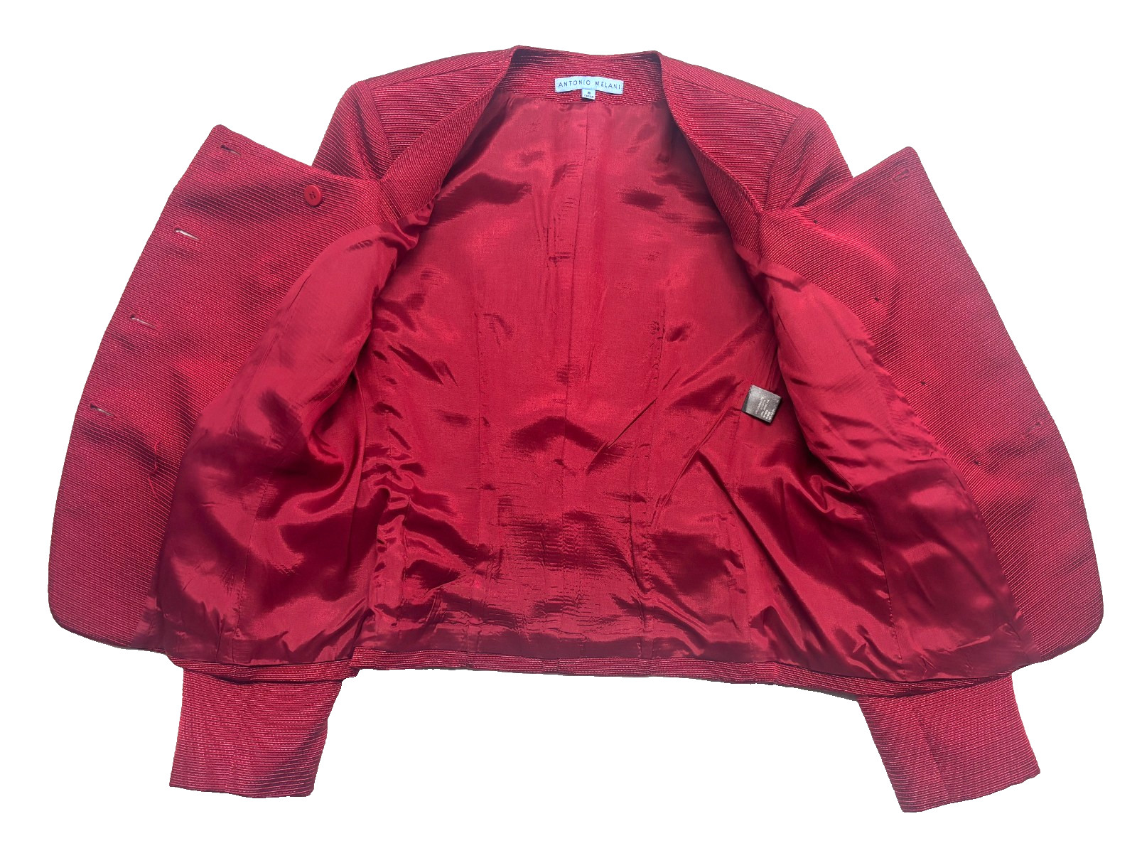 Antonio Melani M 8 10 Red 2pc Skirt Suit Double Breasted Square Neck Knit Career