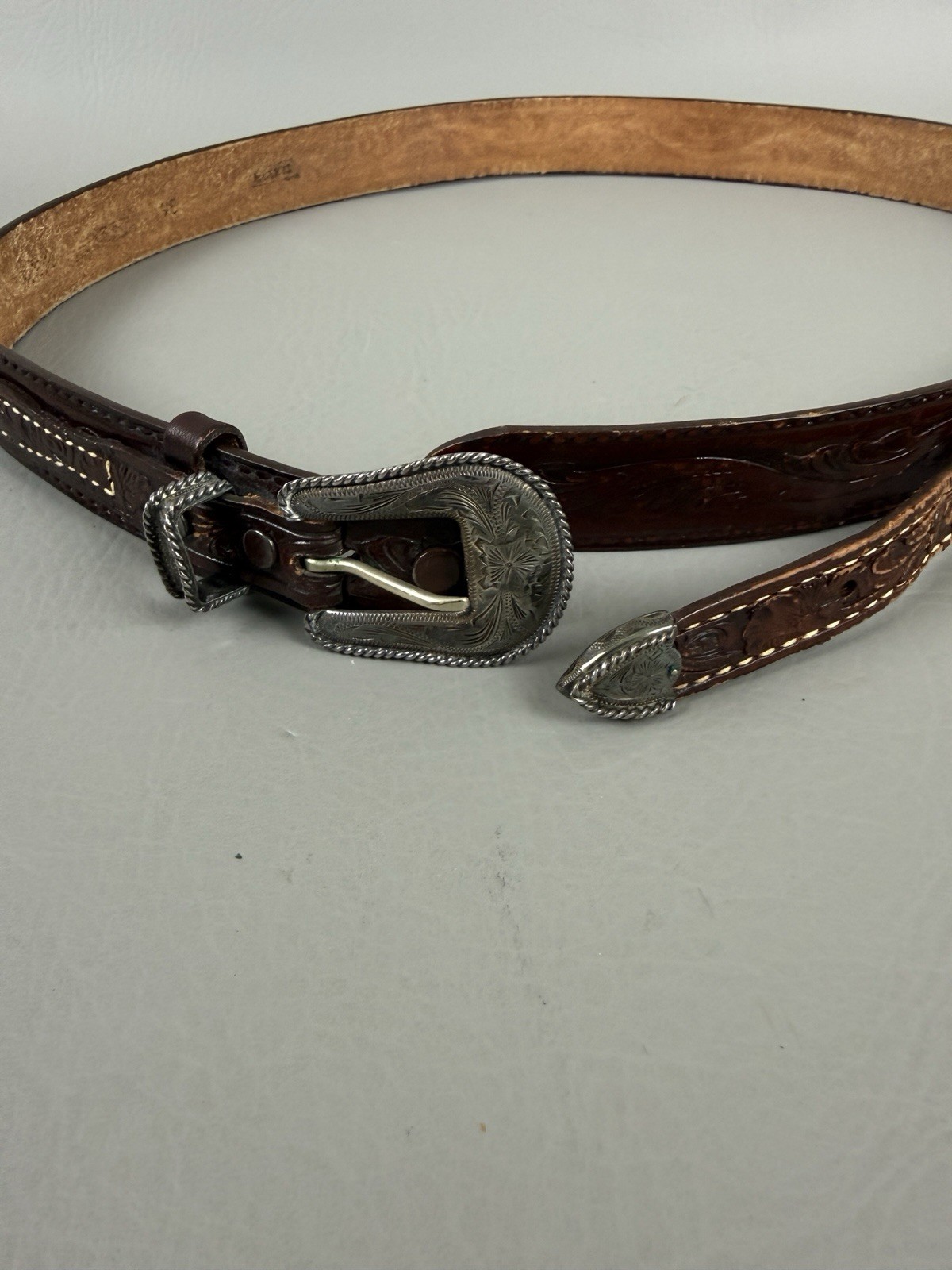 VOGT 3 Piece Sterling Silver .925 Buckle Tex Tan Leather Belt Size 36