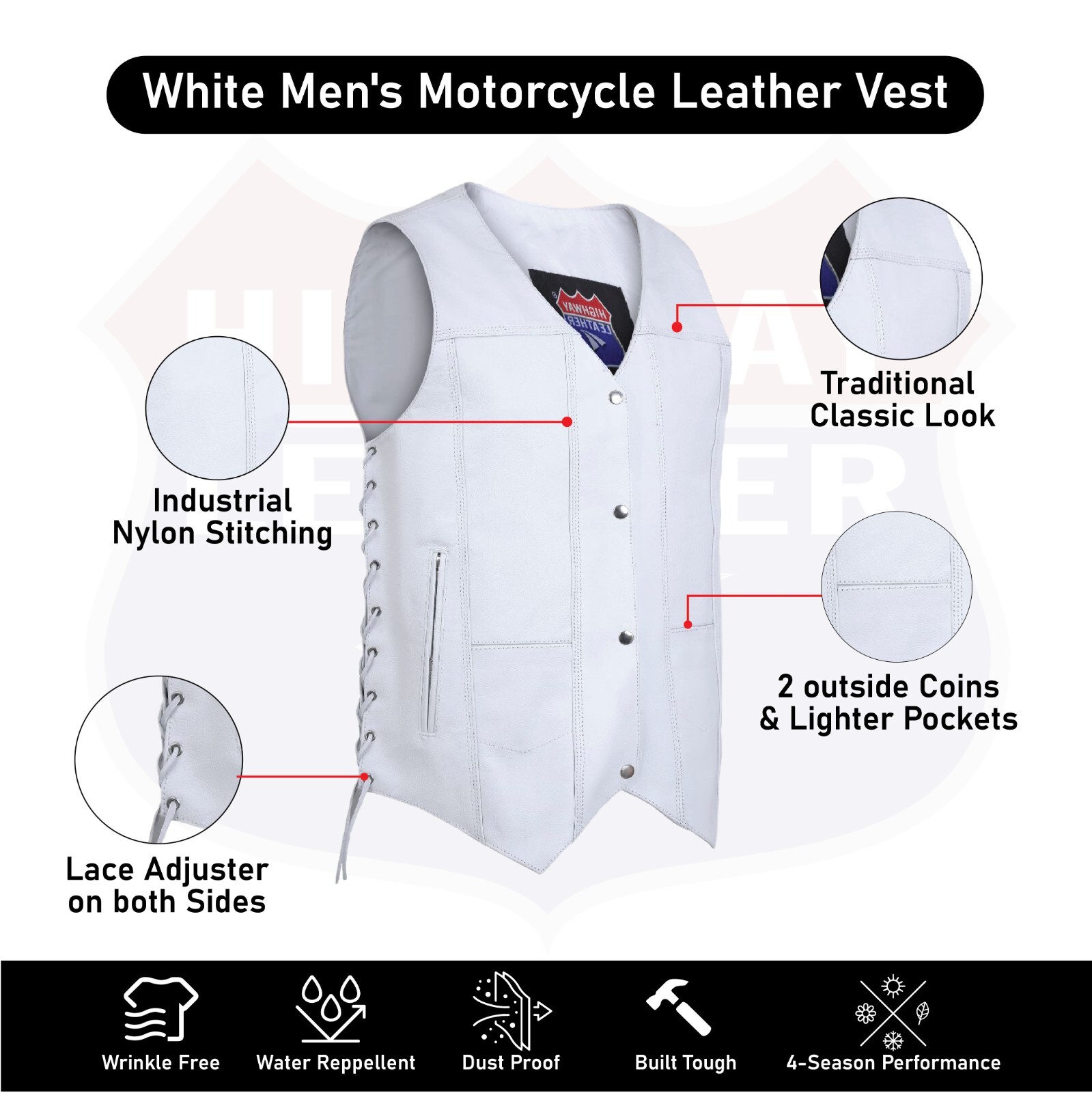 Mens Genuine Leather 10 Pockets Motorcycle Biker Club Vest White SOA 3540White