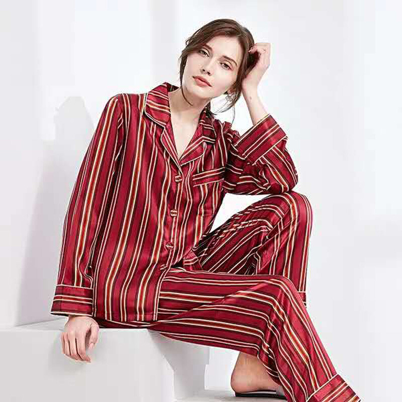Women’s 19MM 100% Pure Mulberry Silk Pajamas Set Striped Print Silk Sleepwear