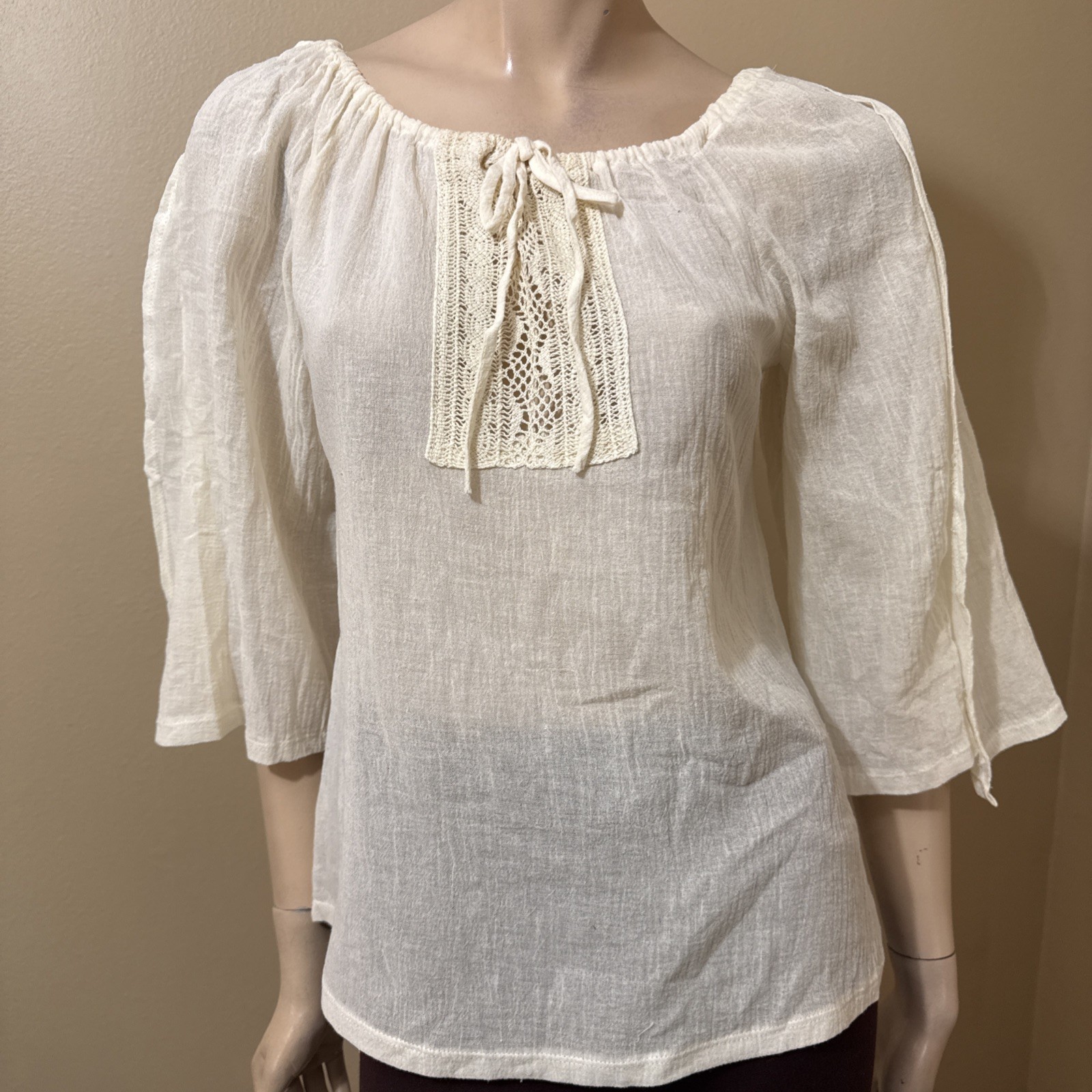 Women’s Ivory Cotton Casual Boho Lace Long Sleeve Slit Tied Size S Blouse Top