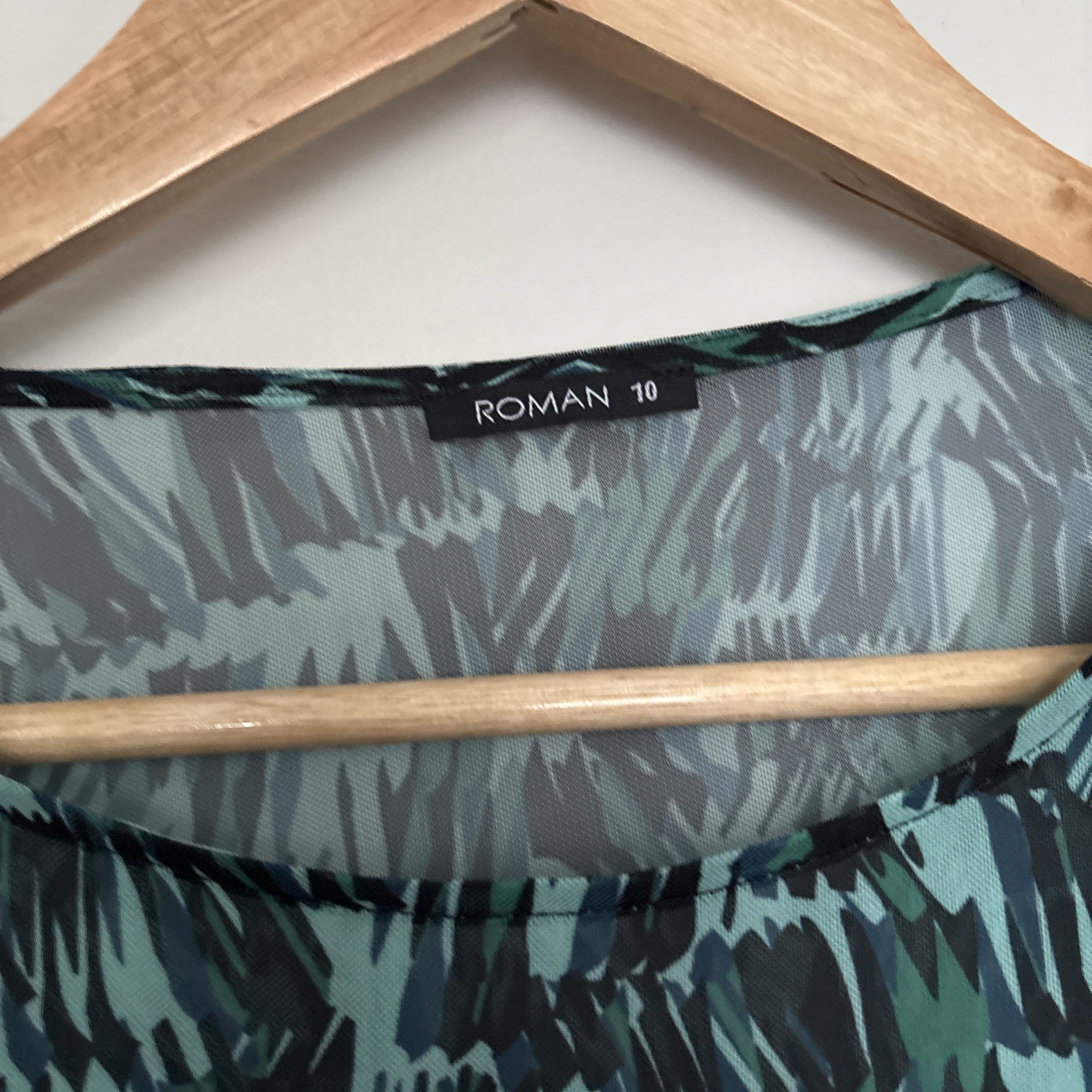 Roman Green Patterned Sheer Top & Vest UK10 Flowy Stretch Holiday Summer Blouse