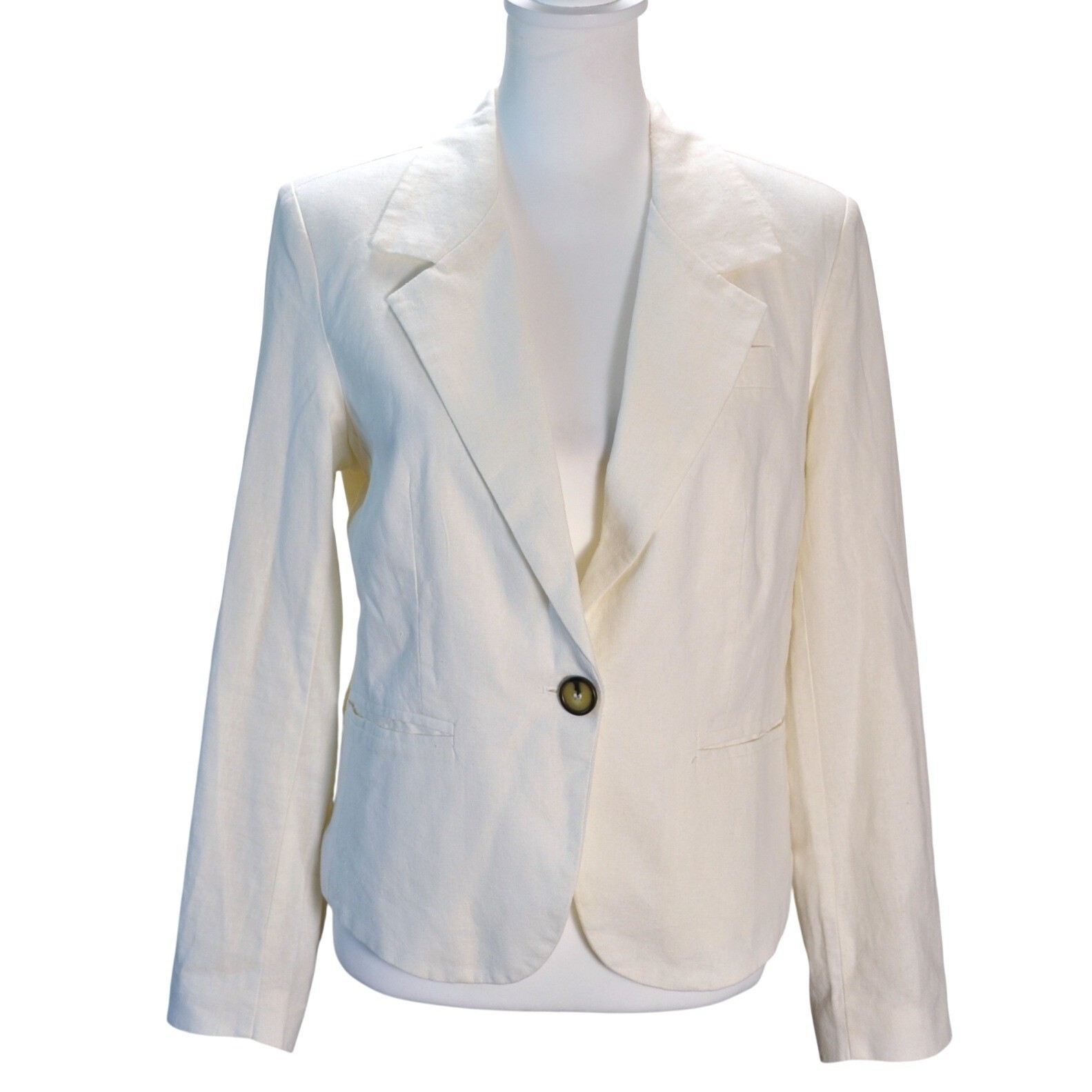 Halston Linen Blend Blazer Office Spring Ivory One Button Women’s Medium Jacket