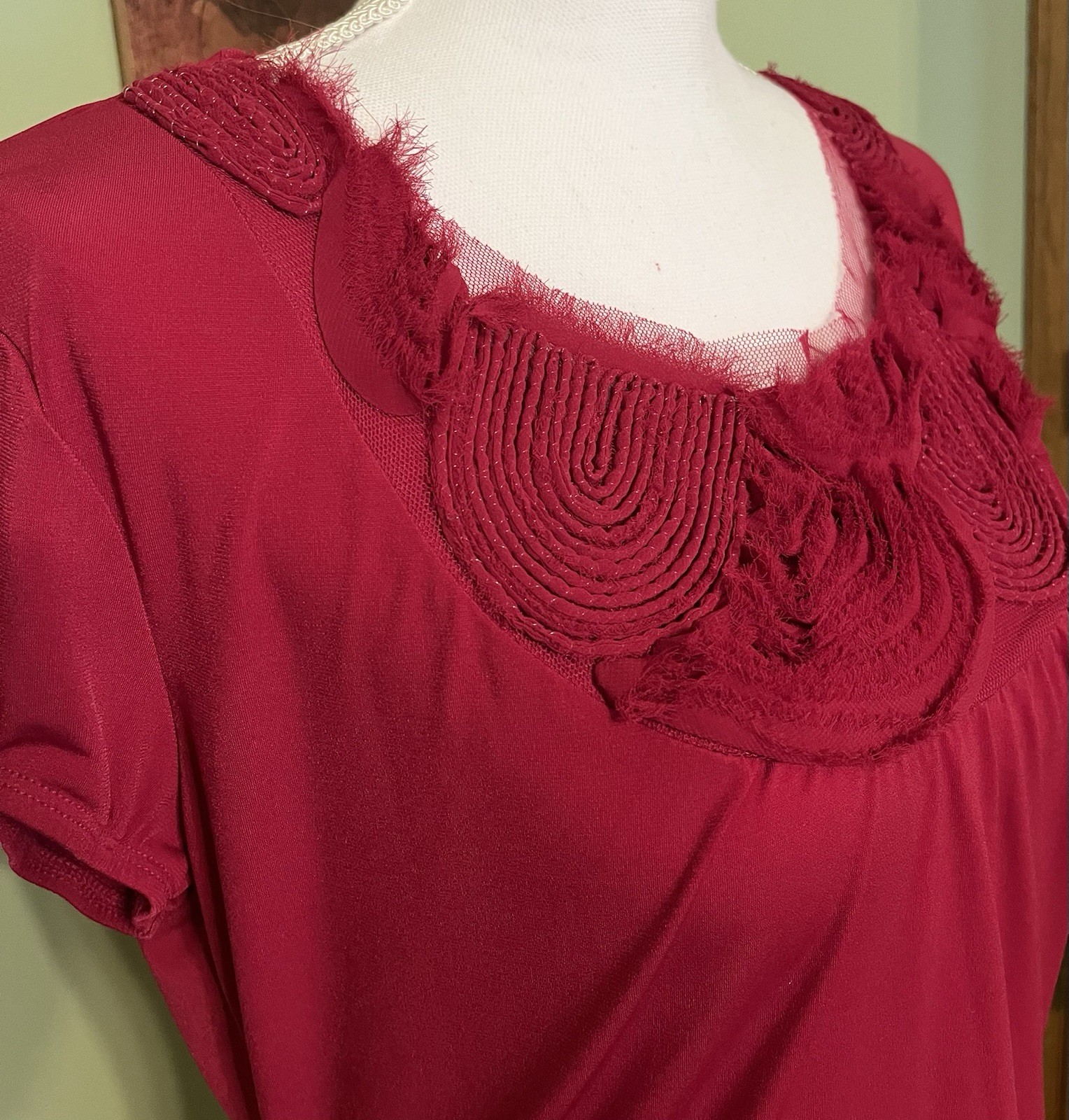 Worthington Cranberry Colored Short Sleeve Top With Embellished Neckline- Size M