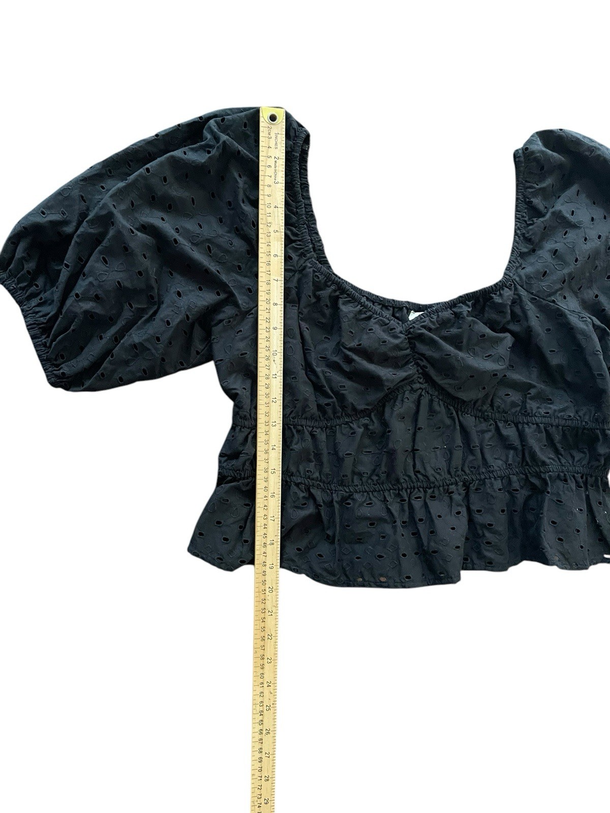 A New Day Top XL Puff Sleeve Eyelet Crop Black 100% Cotton Boho Summer