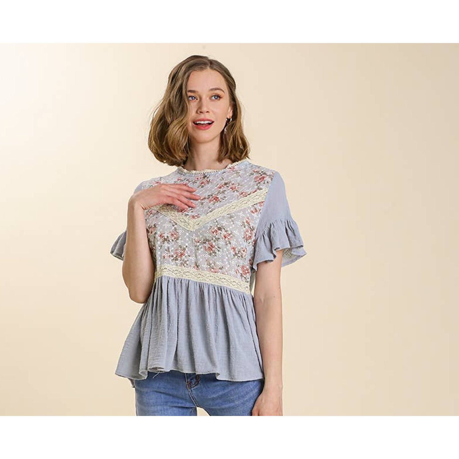 New Umgee Womans Sz Medium Babydoll Blouse Blue Eyelet Lace Floral Boho NWT