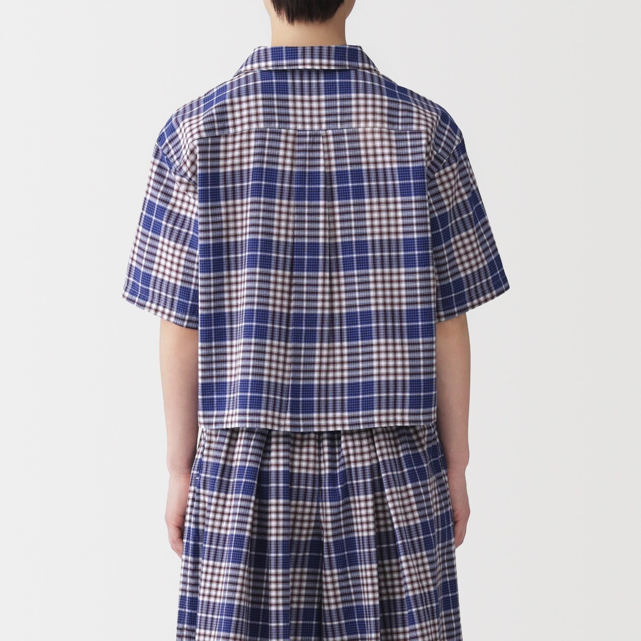 MUJI Womens 100% Organic Cotton Madras Check Cropped Shirt Blue FedEx