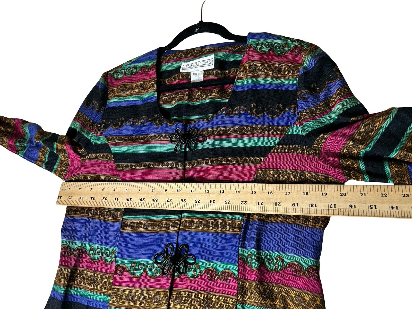 NWT Jessica Howard Frog Closure Jacket Sz 12 Boho Multi Print Long Sleeve Fitted