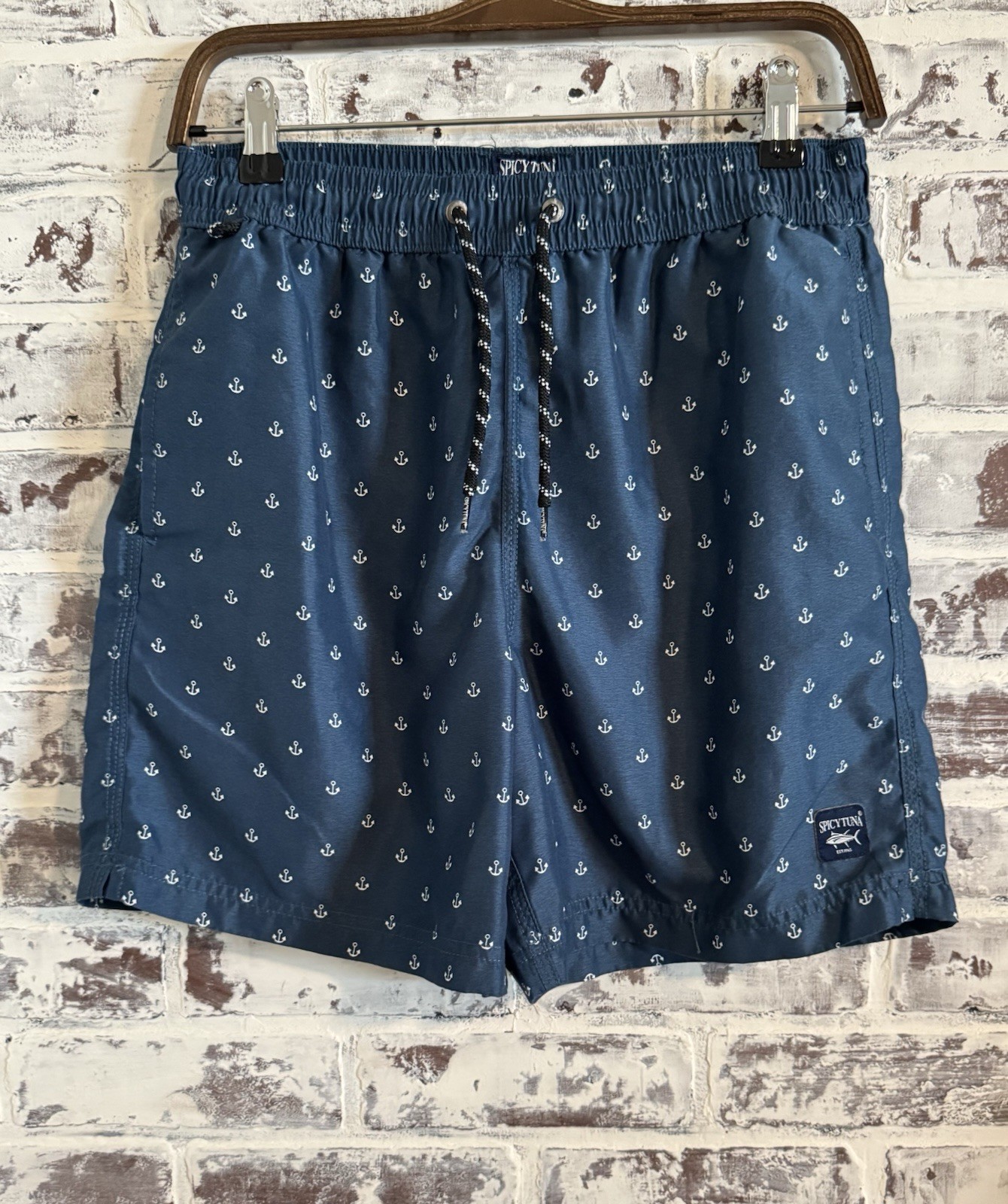 Spicy Tuna Mens Small Swim Trunks Blue White Anchor Print Lined Pockets Drawstri