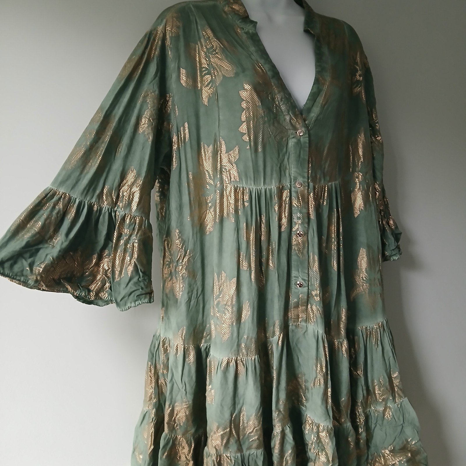 Jolie Moi Metallic Tiered Mint Green Floral Dress Boho Festival Whimsy Bell L