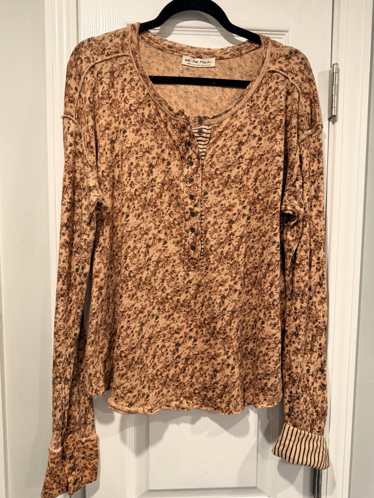 NWOT Free People We The Free Size L Floral Stripe Henley Top Long Sleeve Boho