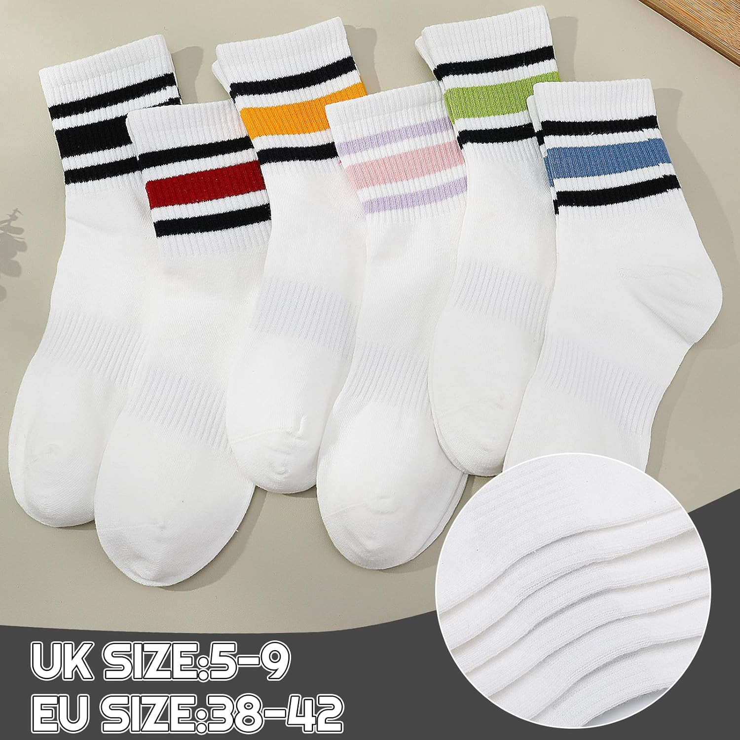 6 Pairs Retro Stripe Tube Socks Classic Athletic Sport Running Crew Casual Cotto
