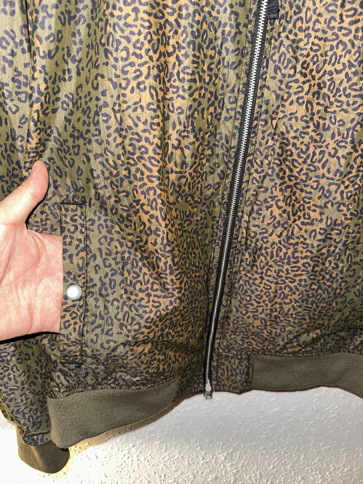AllSaints Bassett Reversible Bomber Jacket Leopard Print Full Zip Pockets EUC