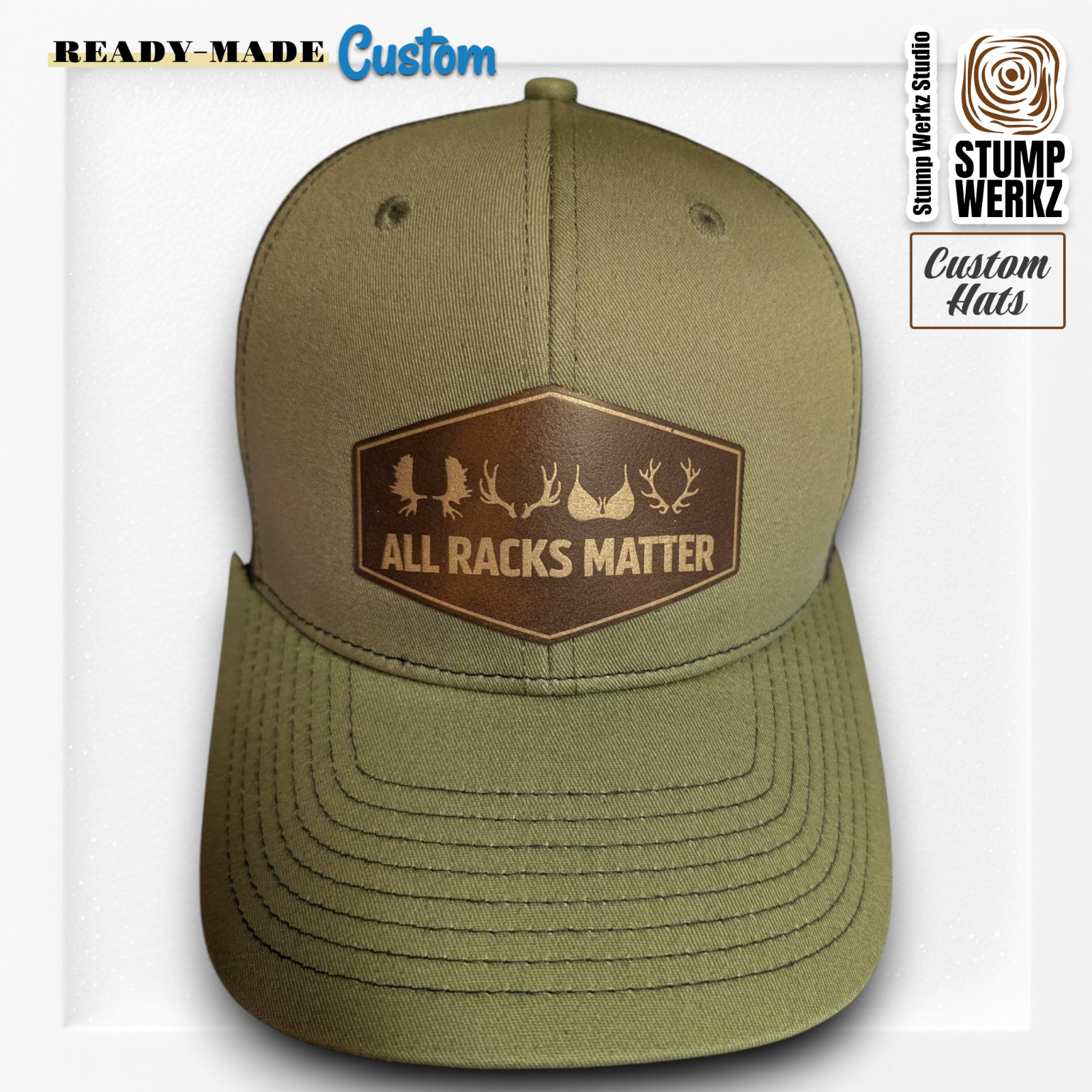 Custom Hat Trucker Baseball Cap Snapback Leather Patch Hunting ALL RACKS MATTER