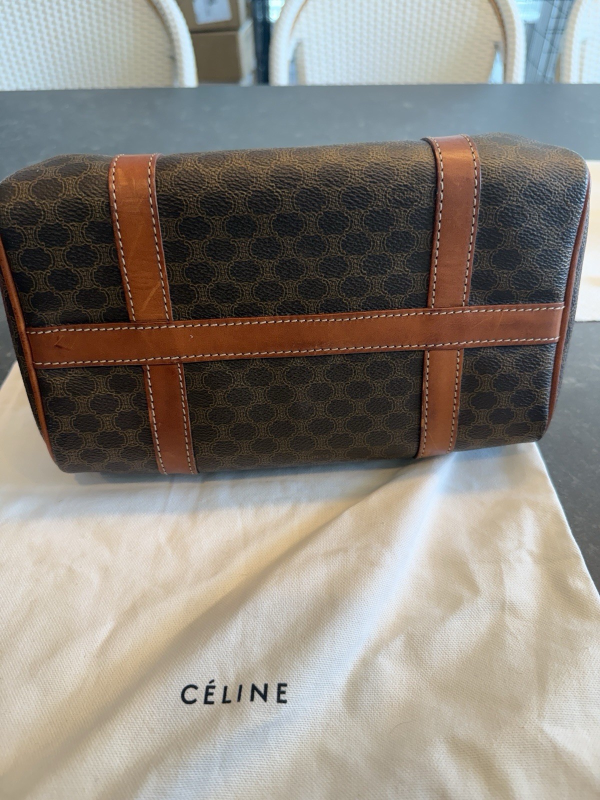 Authentic Vintage Celine Macadam Boston Bag Brown Leather Italy Satchel