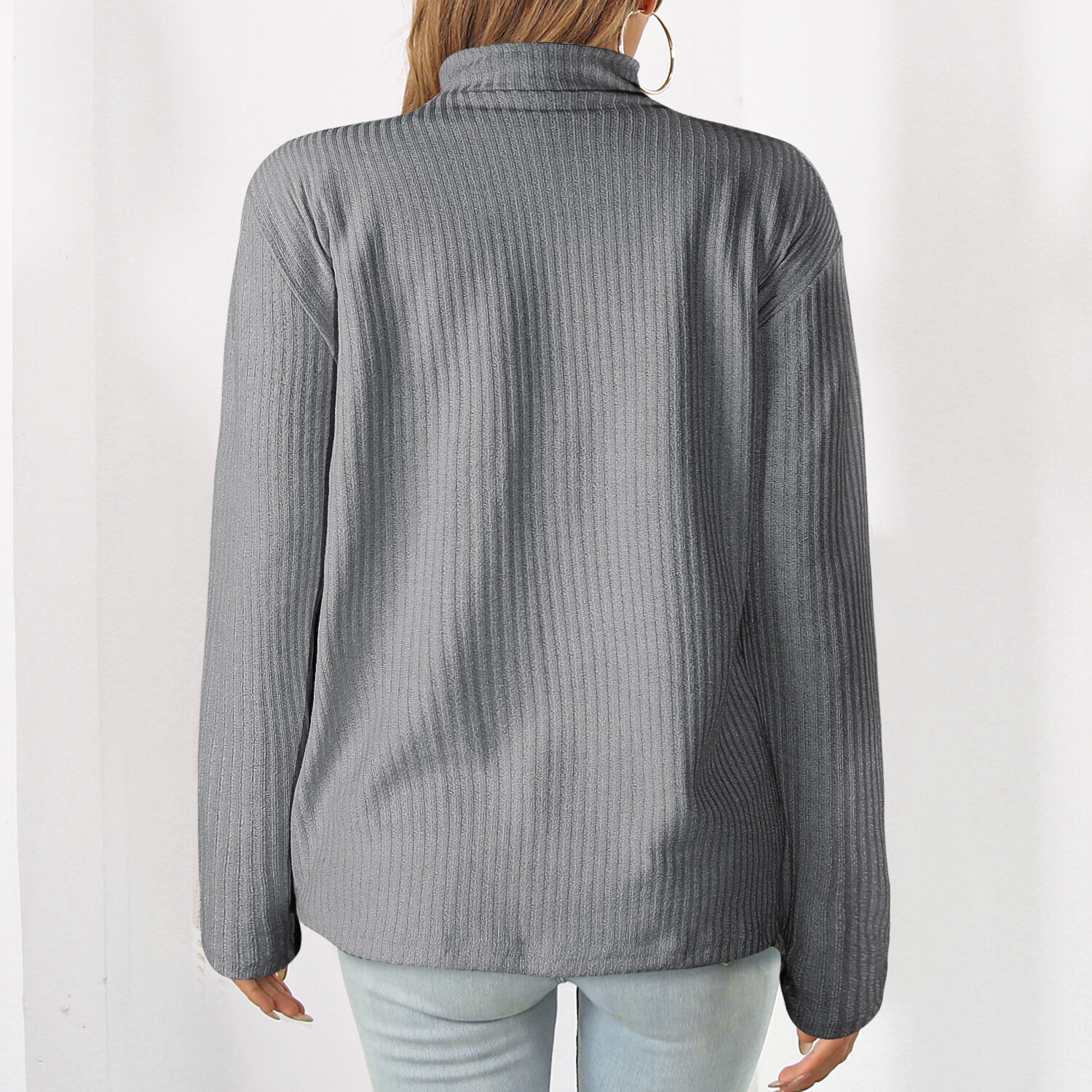 Women’s Casual Long Sleeve Half Zip Pullover Sweaters Solid V Neck Collar Top