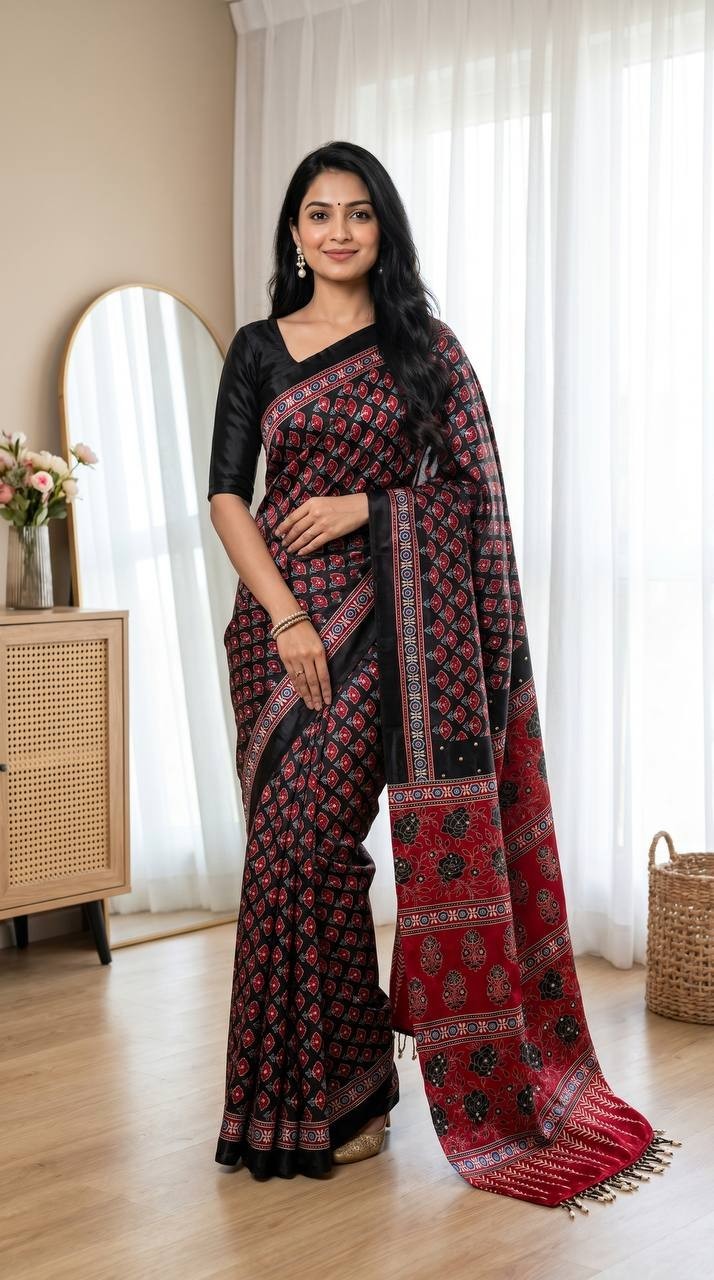 Designer Ajrakh Print Saree Blouse Mirror Work Tassel Pallu Ethnic Party Wear
