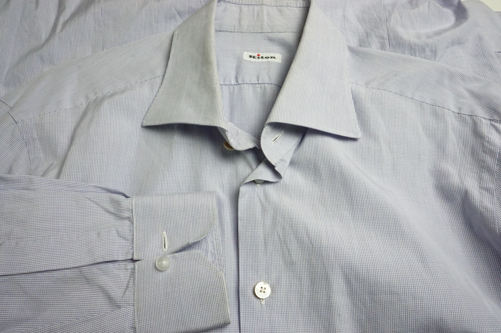 Kiton White Blue Plaid Cotton Spread Collar Dress Shirt Sz 17/43