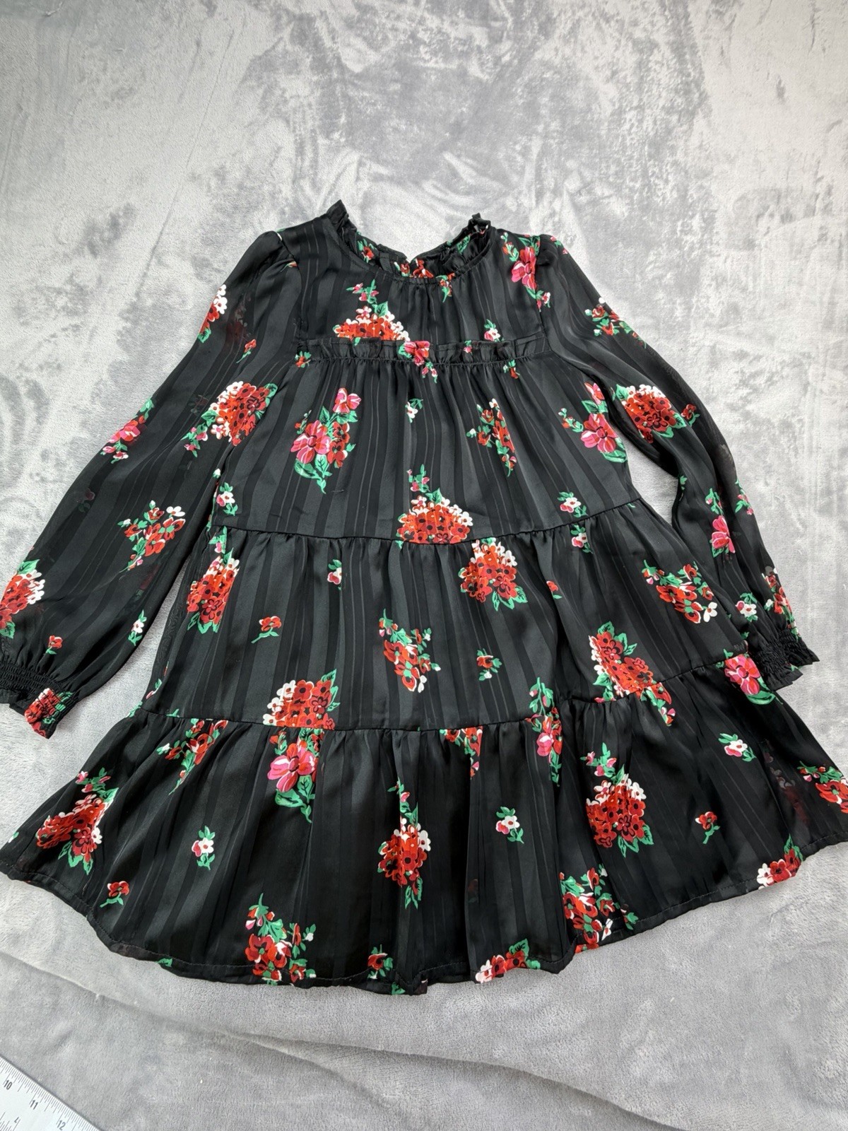 Cat & Jack Girls S (6/7) Black Floral Fit Fall Party Holiday Tiered Dress S 6/7