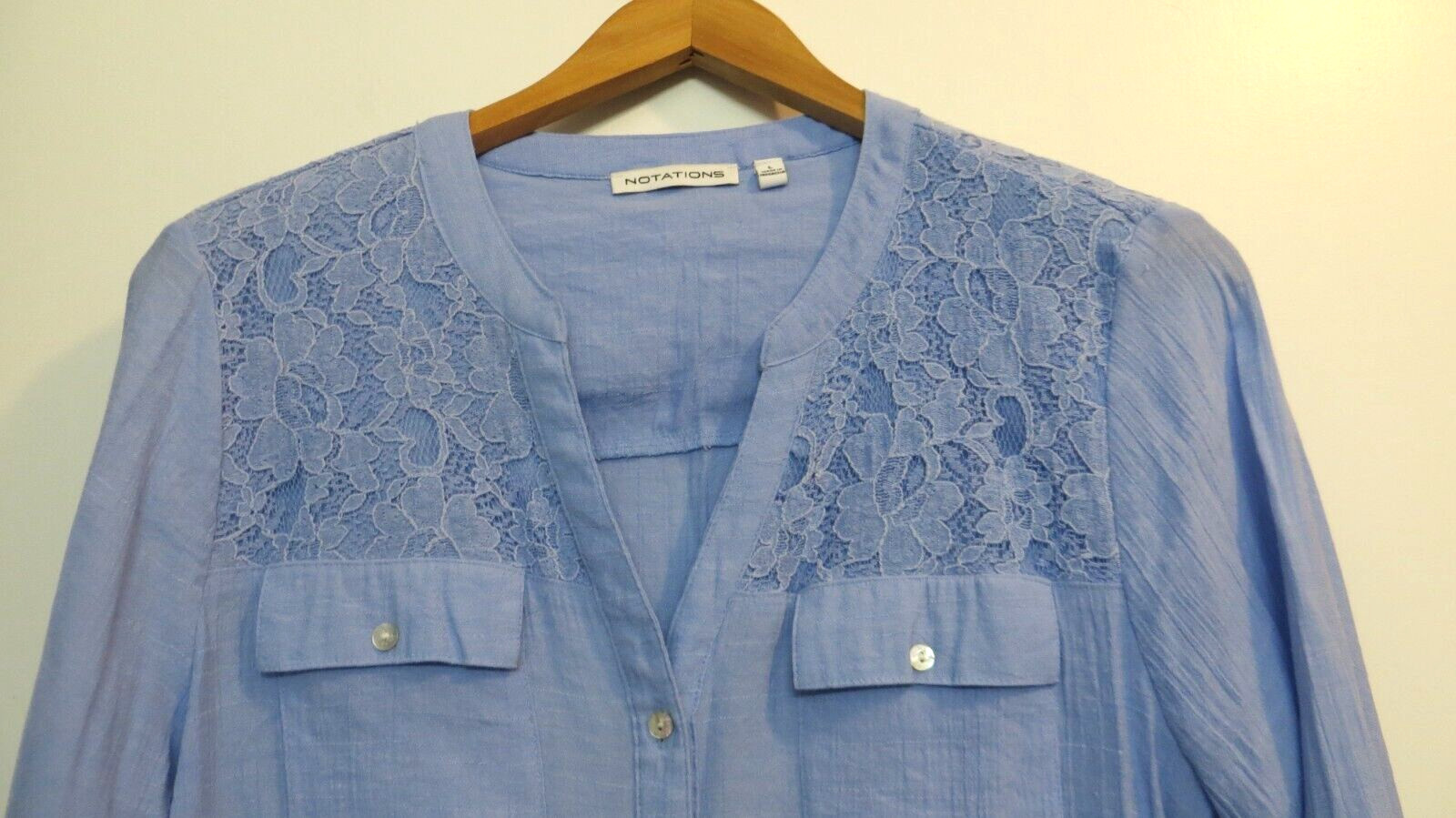 Notations Shirt Womens Large Blue Button Up 3/4 Convertible Sleeves Lace Accent