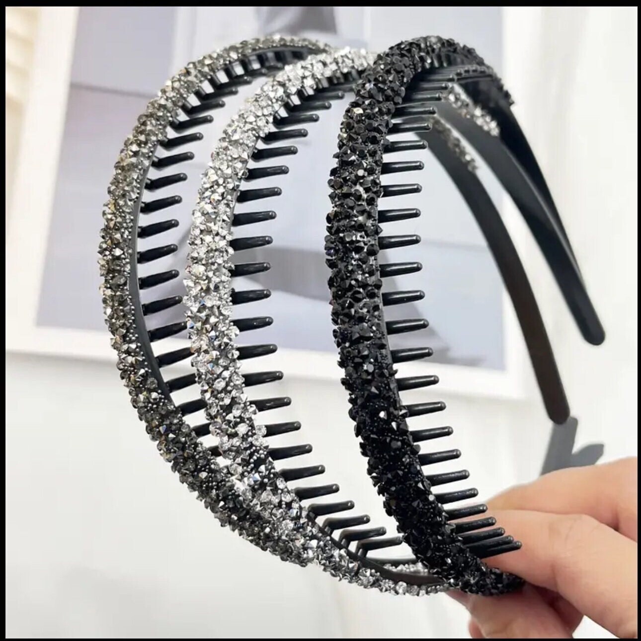 Bedazzled Crystal Encrusted Set 3 Headbands Black Grey White Diamond Hair Gift