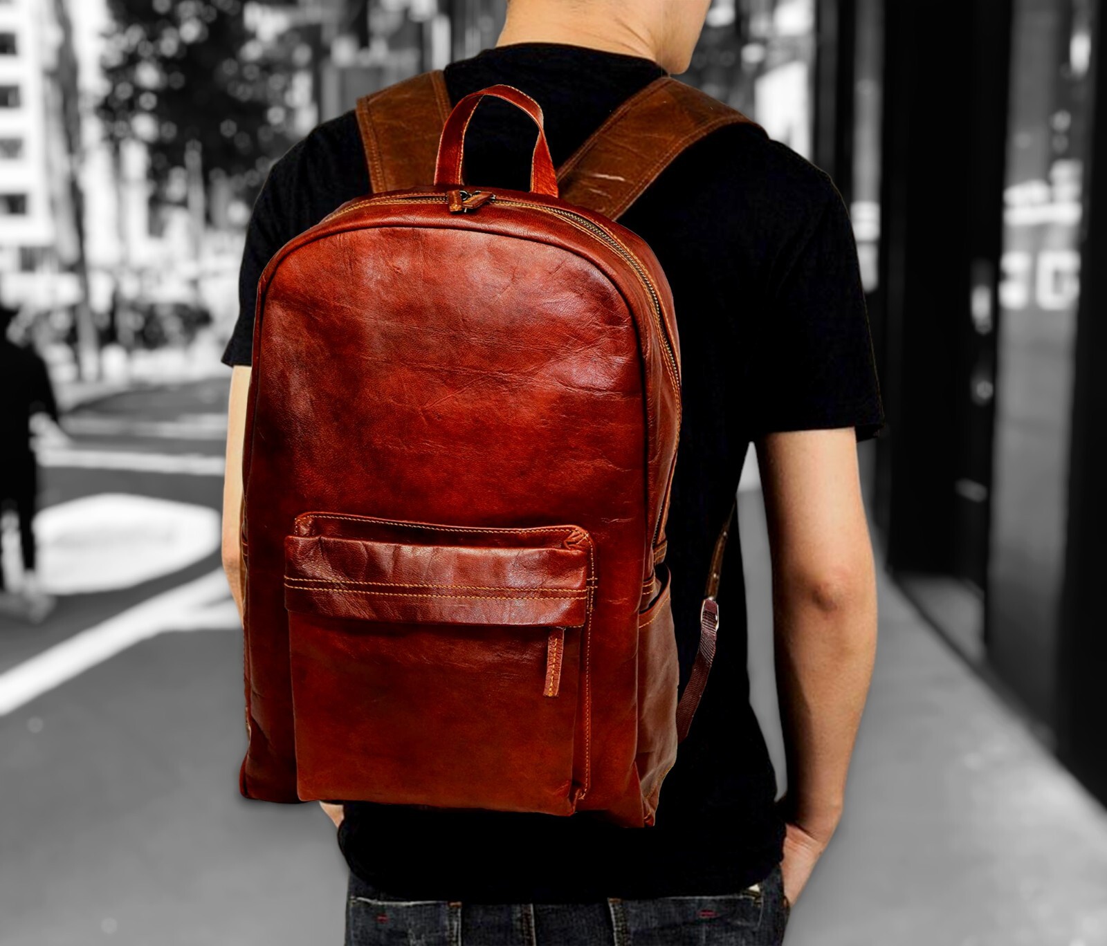 18″ Genuine Leather Retro Rucksack Backpack College Bag School Picnic Bag Travel
