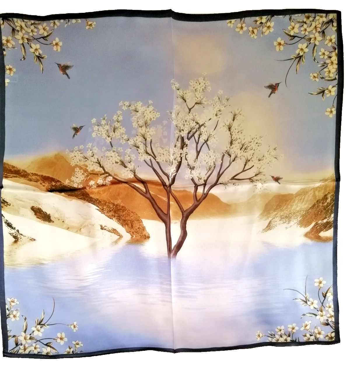 21″X21″Tree in Water Print Pure Mulberry Satin Silk12momme Scarf 53x53cm 4-99