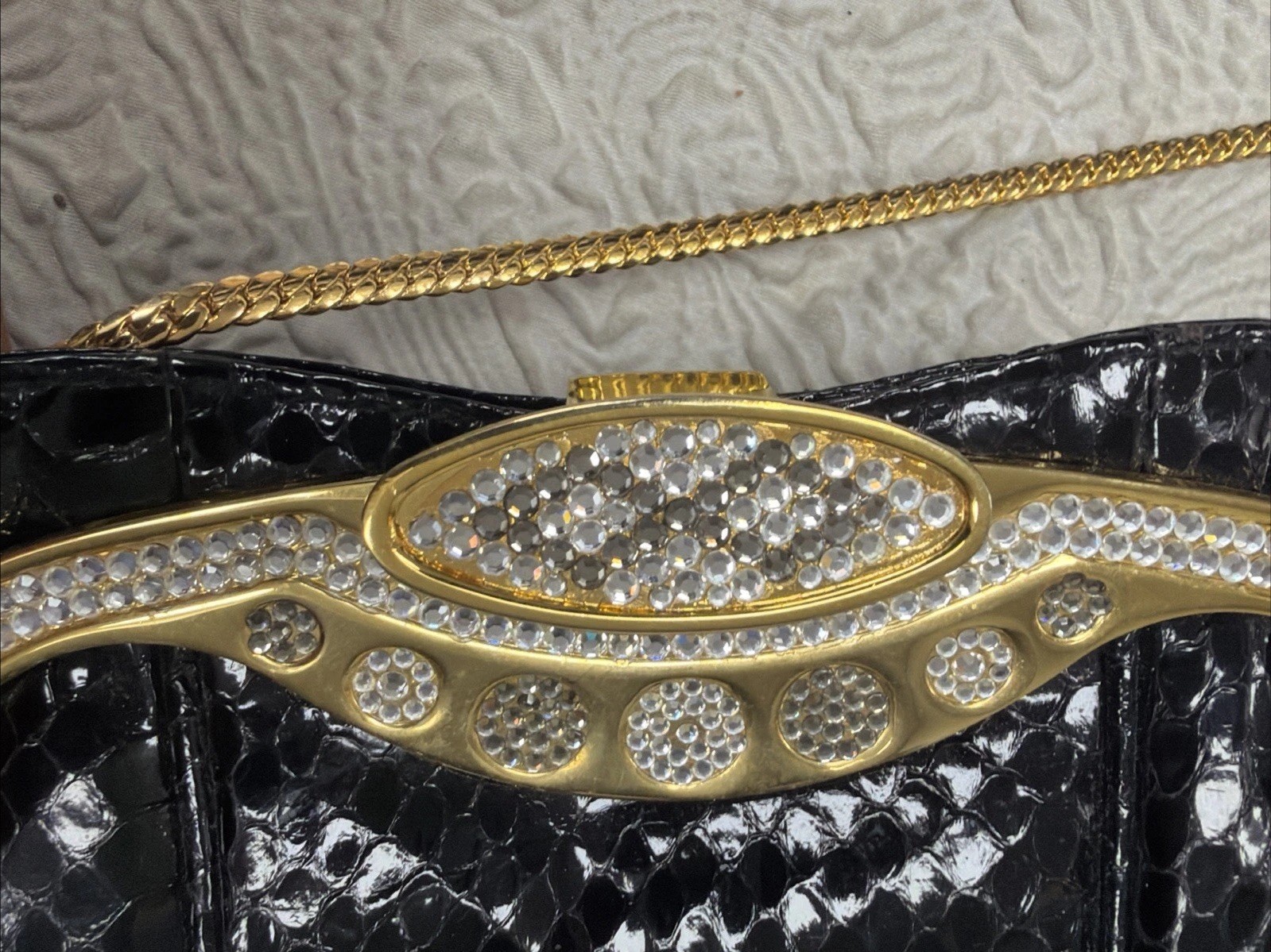 Vintage Embossed Glossy Black Snakeskin Clear Pavé-Set Crystals Jeweled Purse