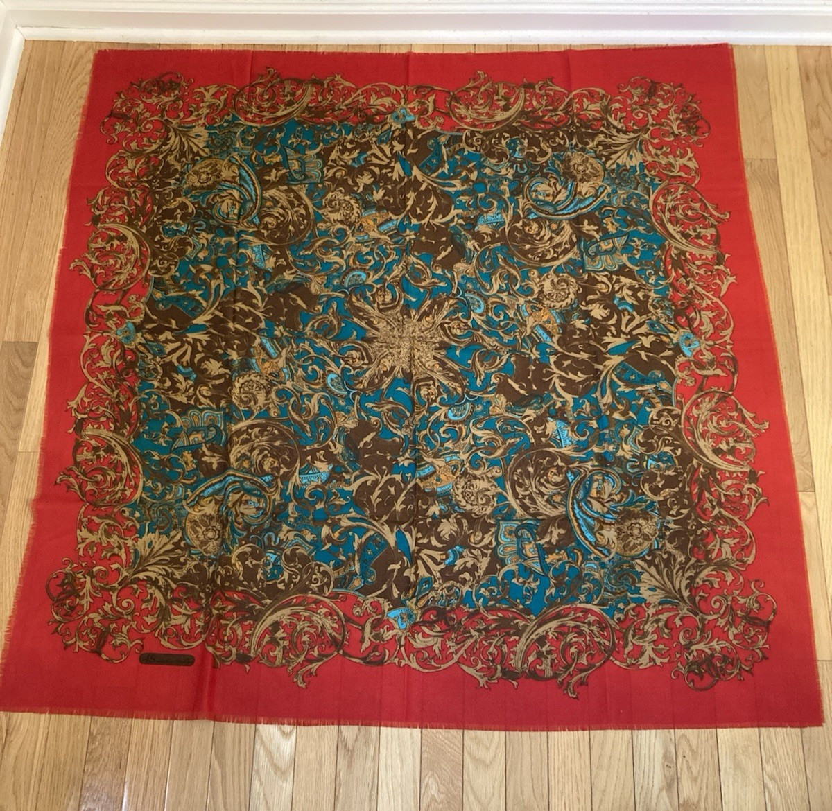 Vintage AS Made in Turkiye Scarf Shawl 46″ Square Red Blue Baroque Floral Large