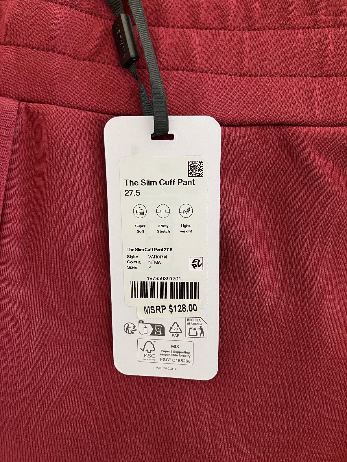 Varley Slim Cuff Pants 27.5 DoubleSoft Maroon Size S NEW