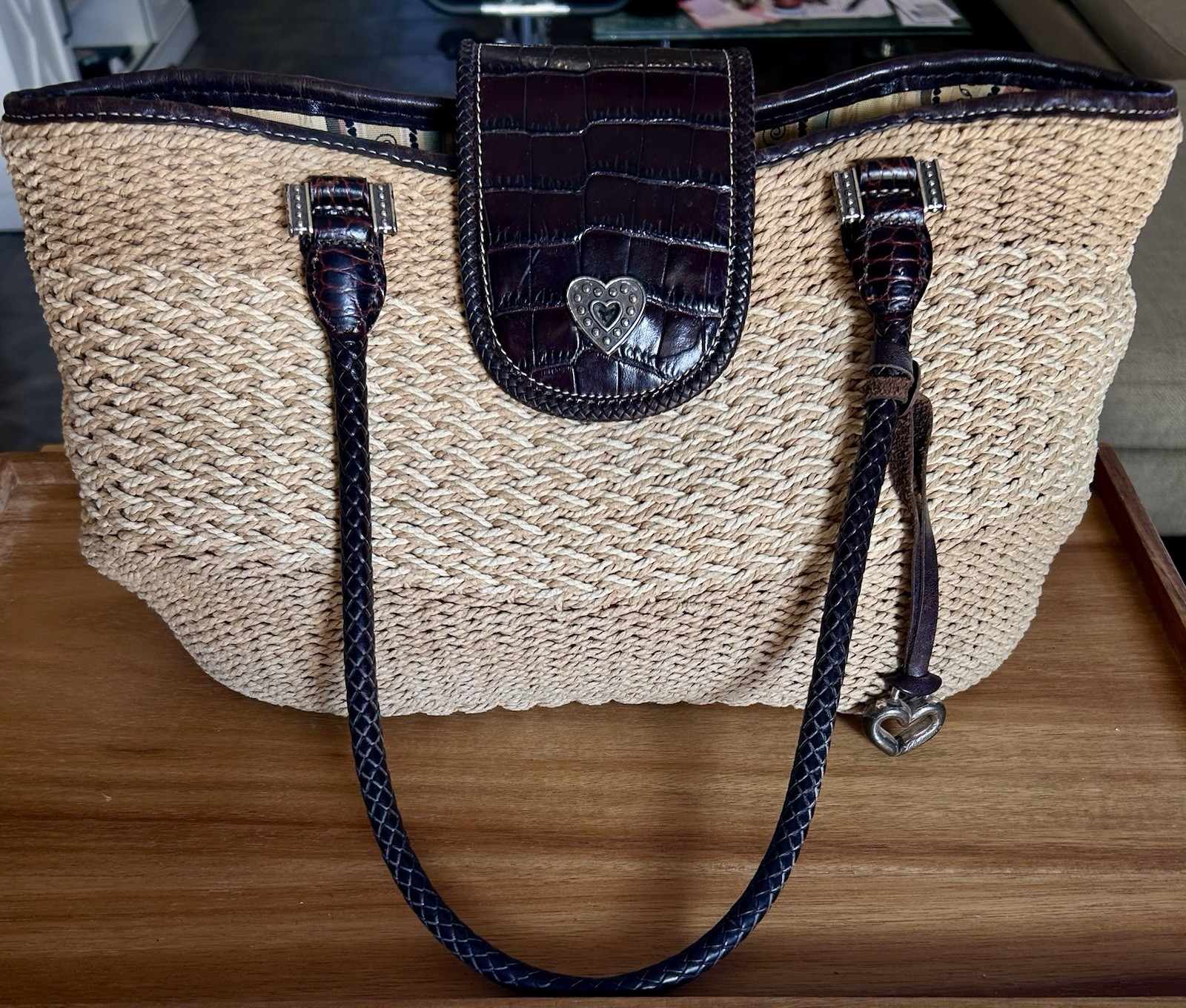 Brighton Savannah Elegant Brown & Tan Woven Handbag With Braided Leather Straps